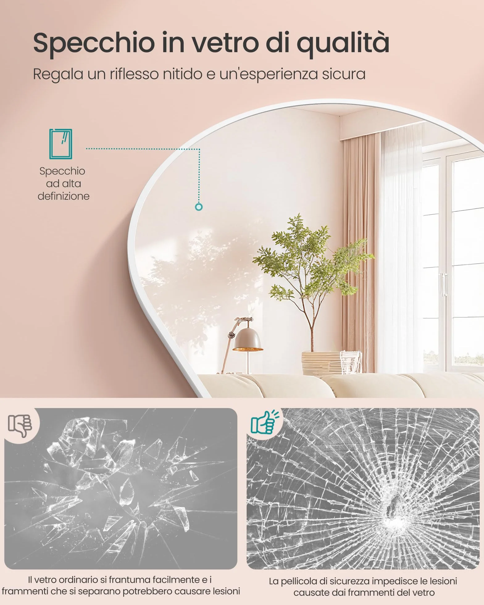 SONGMICS Specchio a Figura Intera 160x50 cm, Specchio da Terra ad Arco, Cornice in Alluminio, Vetro Temperato, Bianco Opaco LFM031WC01