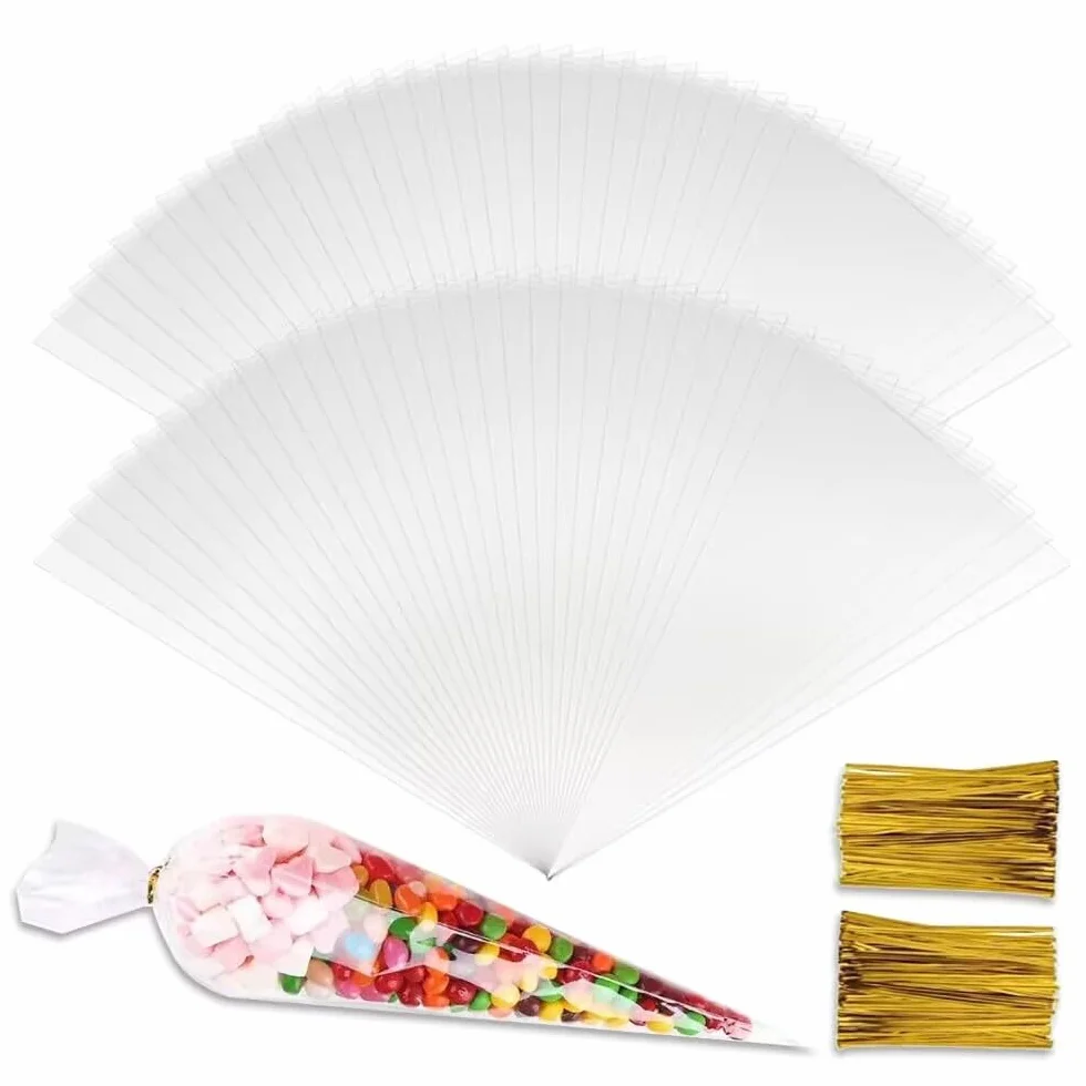 Sacchetti di Cellophane Caramelle 100 Pezzi 13x25cm Triangolo Buste Trasparenti in Cellophan per Confetti Sacchetti di Cono Plastica con 100 Cintura Attorcigliata Dorata per Nozze Compleanno Natale