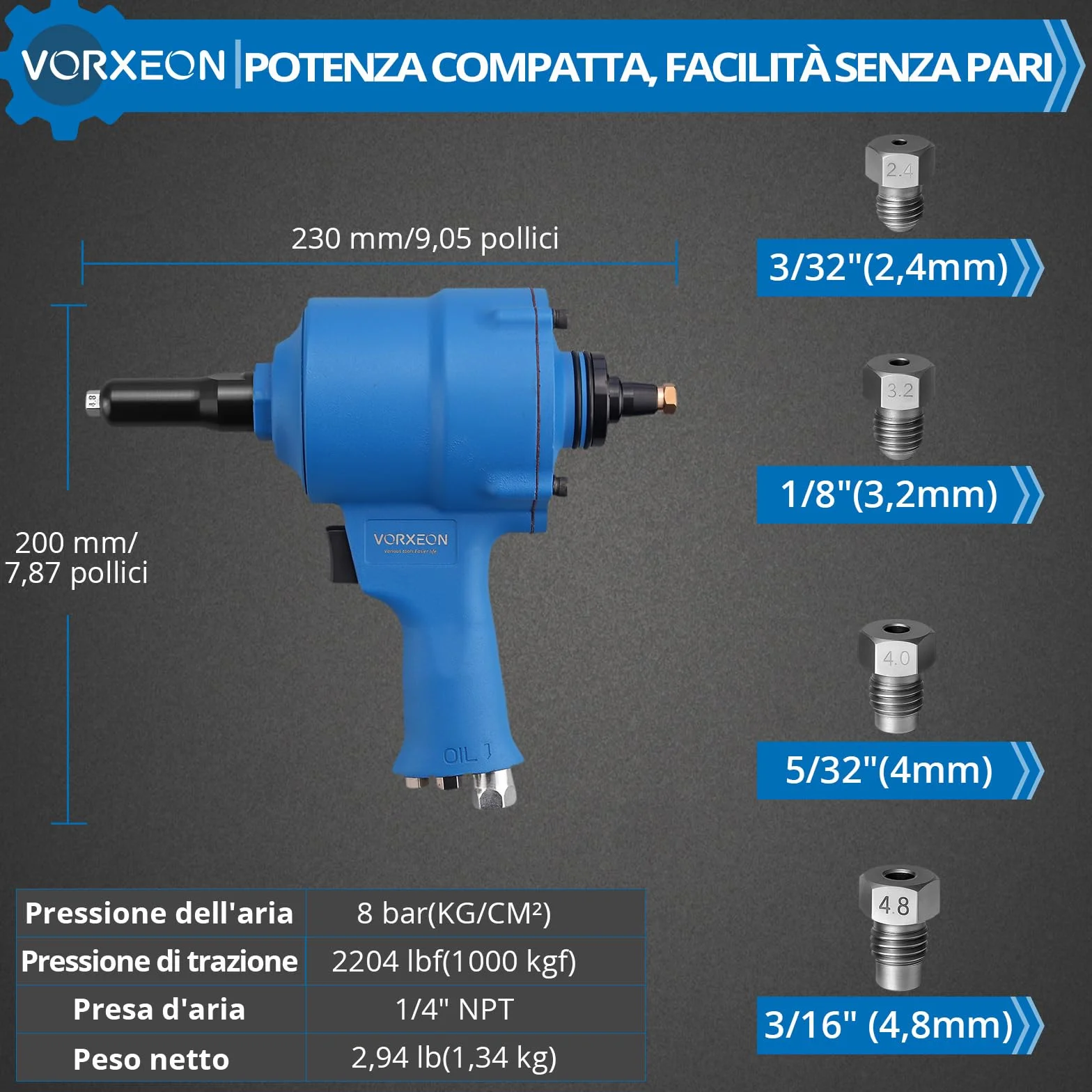 Set Rivettatrice Pneumatica Autoaspiranti Forza Trazione 1000KGF 4 Bocchette 2,4-4,8mm Pistola Rivettatrice Aria Compressa