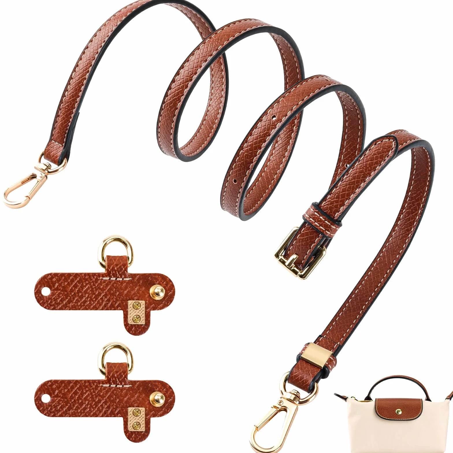 Tracolla per Longchamp Mini Borse, Donna Universale Regolabile di Tracolla per Borsa in Pelle Double Face PU - Marrone, Non Serve Punzonatura con 2 Adattatori per Ogni Occasione