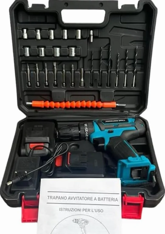 Trapano Avvitatore Cordless, 48V, Batteria al Litio, Kit Completo con 2 Batterie, Valigetta e Set Accessori