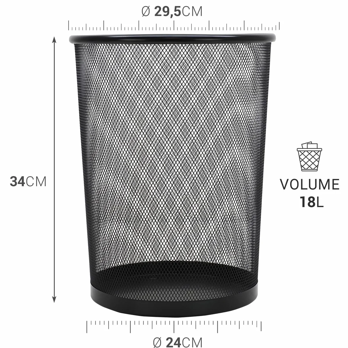 Waytex Set di 3 cestini per carta da ufficio, in metallo, rete nera, grande capacità 18 l, cestino rotondo traforato, ad alta resistenza, per ufficio e casa, confezione economica, diametro 29,5 x
