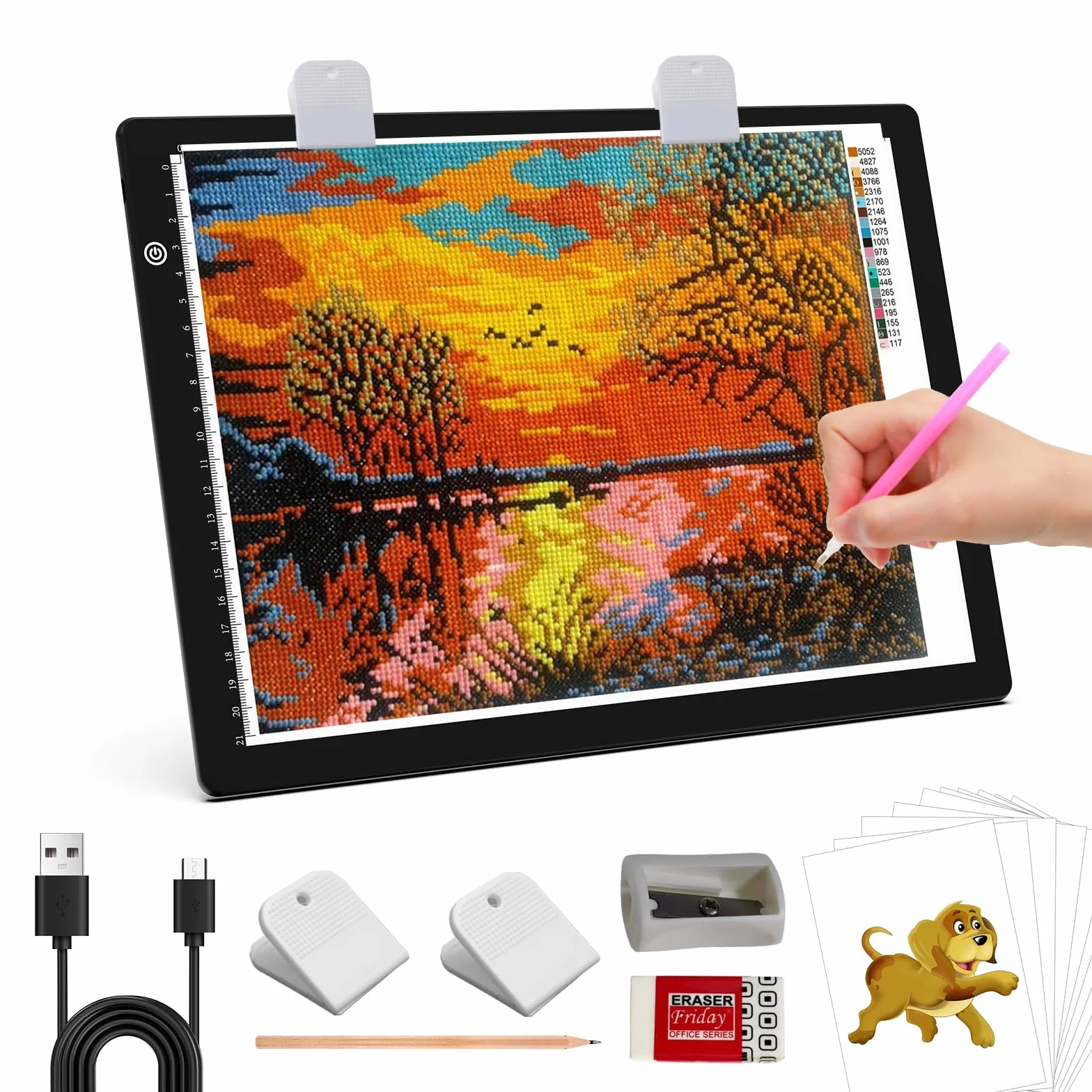 JSKLAMP A4 Tavoletta Luminosa con 4 Clips, Lavagna Luminosa per Disegnare, Tavola Luminosa Disegno, LED Light Box Light Pad di Disegno con Luminosità Regolabile per Pittura Diamante, Schizzi, Artisti