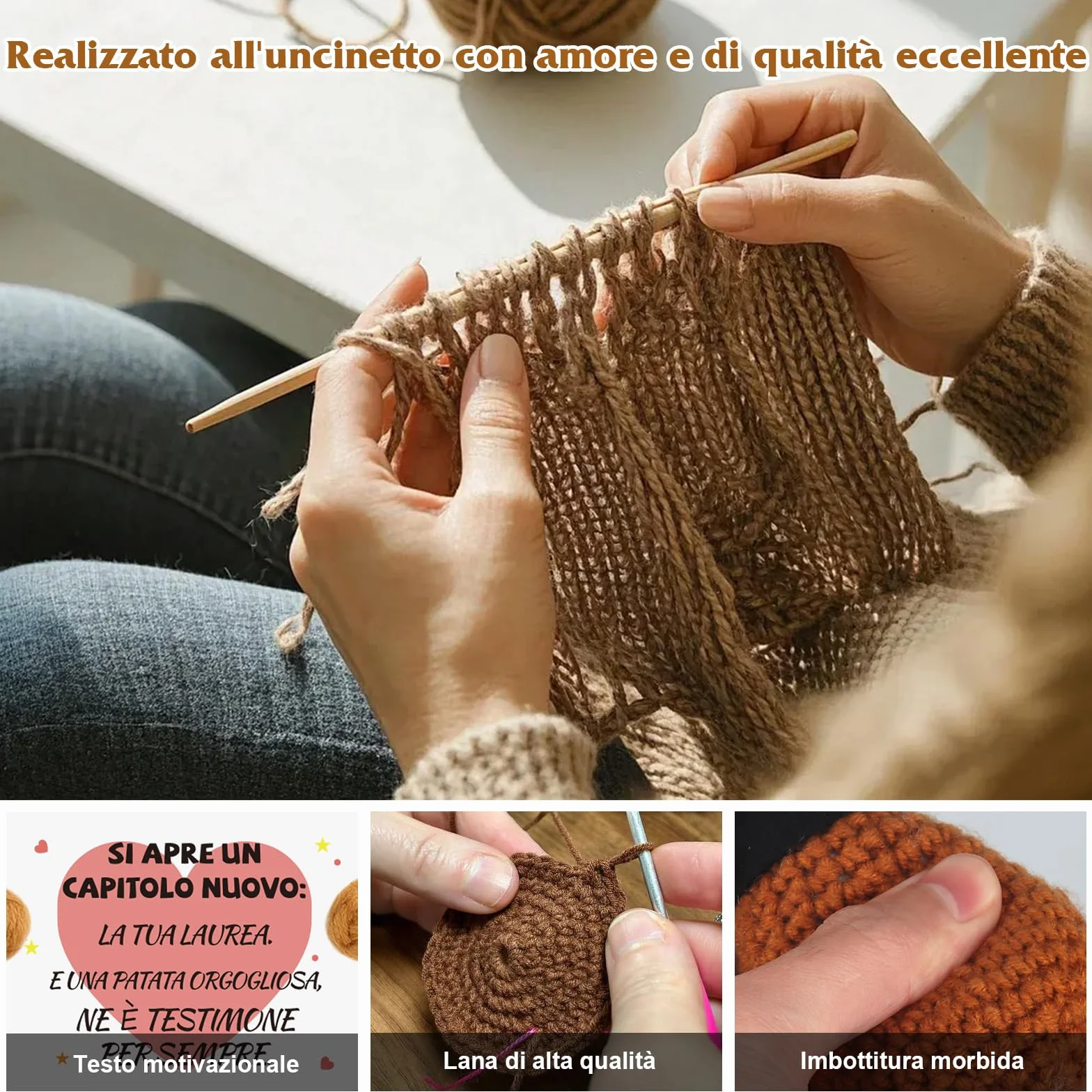Regalo Laurea Patata Incoraggiante all'Uncinetto a Mano - Pocket Hug Patata Fortunata con Portafortuna Esami e Biglietto di Auguri