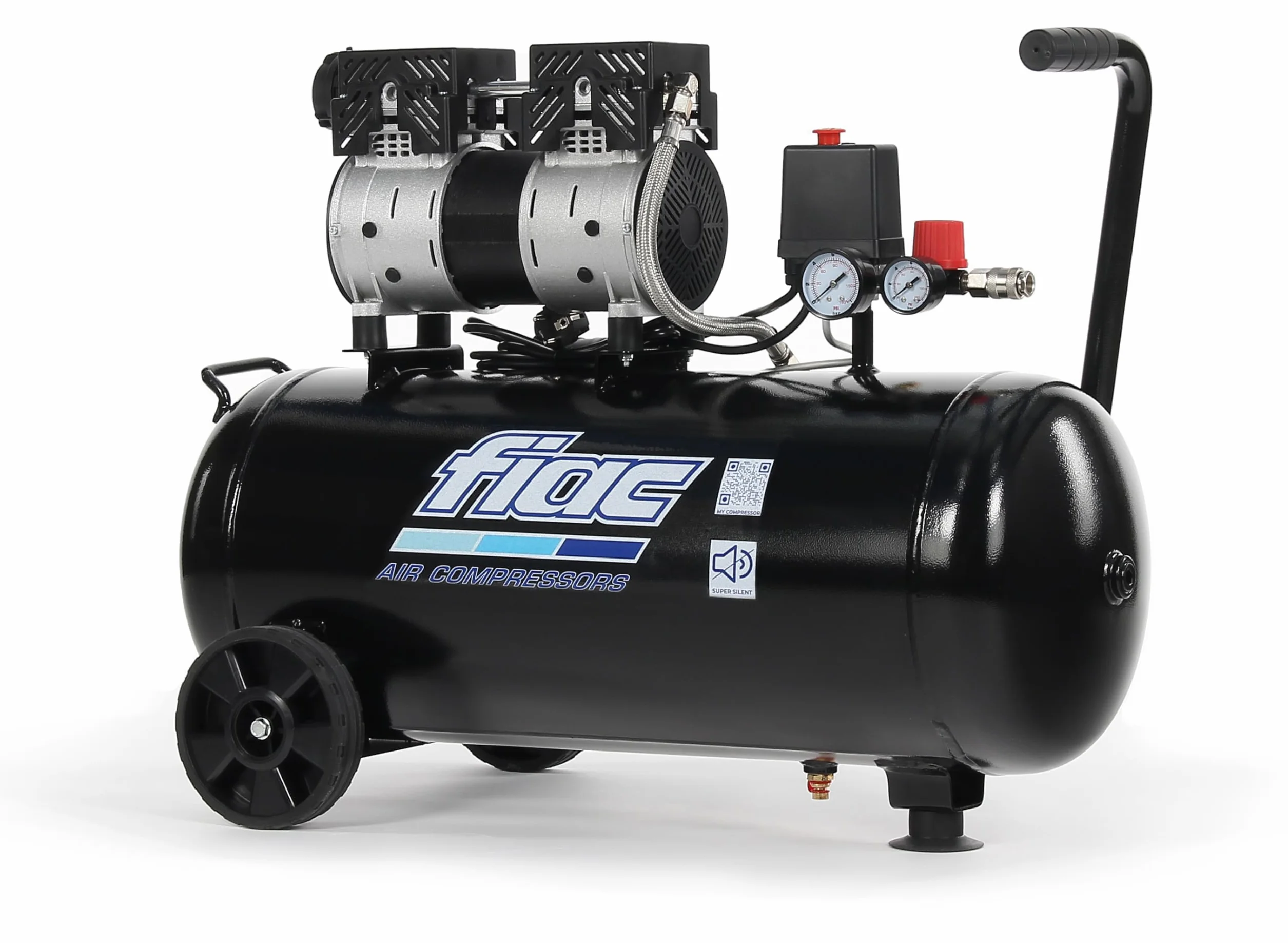 FIAC Compressore d'Aria Mobile Silenzioso SUPERSILENT 50, Compressore Aria Senza Olio, Pressione Massima 8 Bar, Potenza 1 CV, Serbatoio 50 Litri, Rumorosità 58 dB LpA