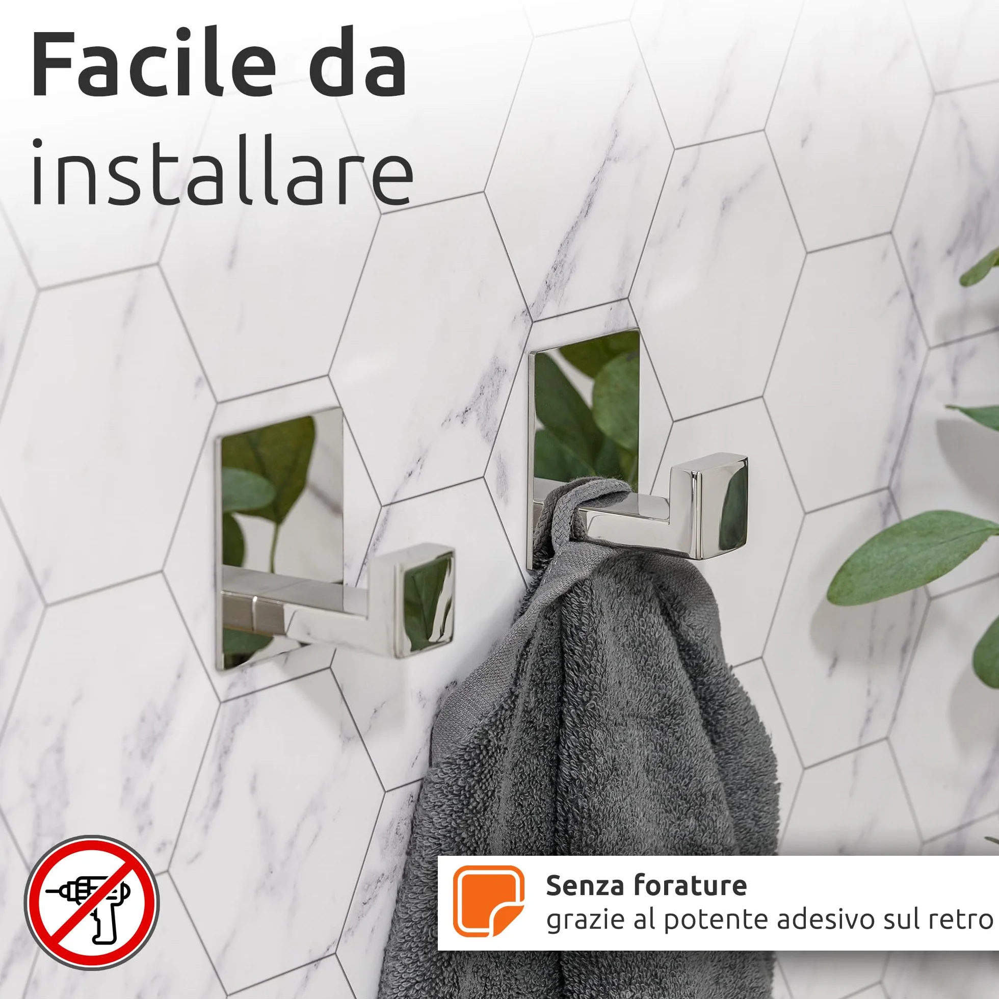 ECENCE Set Porta Asciugamani - 1x Porta Carta Igienica + 2x Ganci Adesivi - Accessori per Bagno - Acciaio Inossidabile 304 cromo