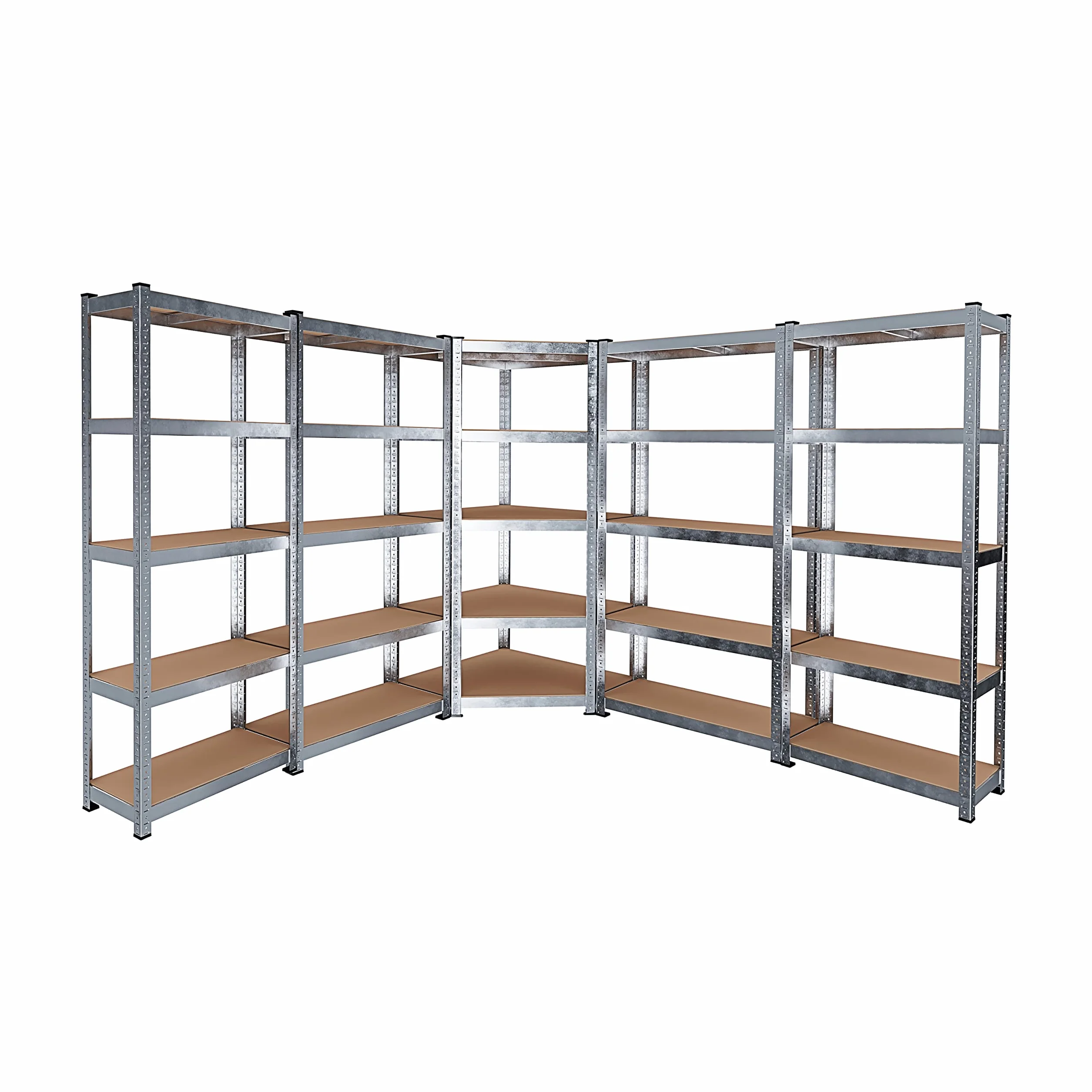 Bricozone Sistema Di 5 Scaffali Metallo e MDF 25 Ripiani Regolabili 1 Scaffale Angolare 4 Scaffali Per Magazzino Alta Portata 4375 kg Totali Scaffalatura Officina Garage Cantina Capannone Modulare