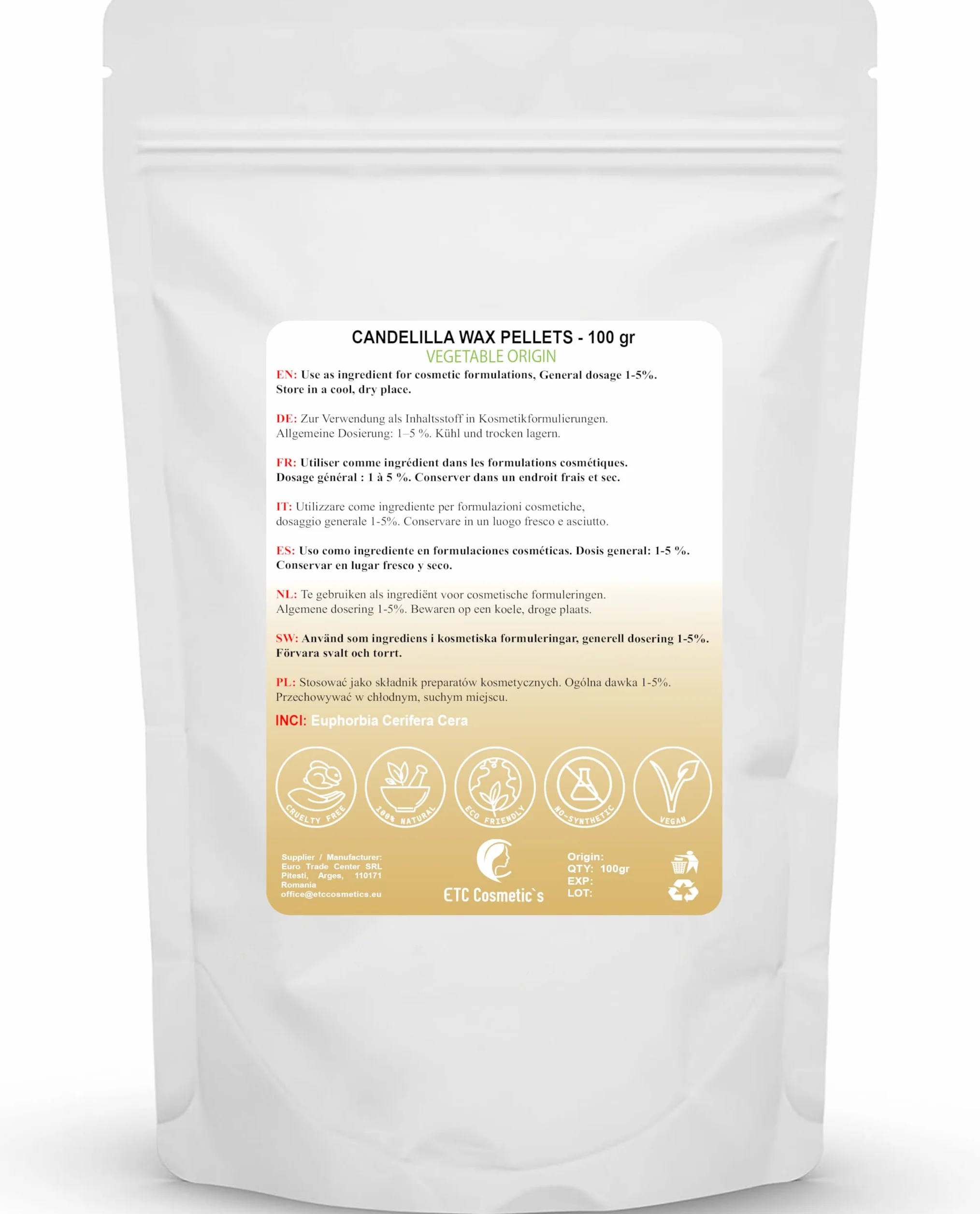 Pellet di cera di candelilla - 100 gr - Vegano | Sostituto naturale della cera d'api per cosmetici fai da te, balsami per labbra, lozioni e candele | Addensante ed emulsionante 100% puro e vegetale