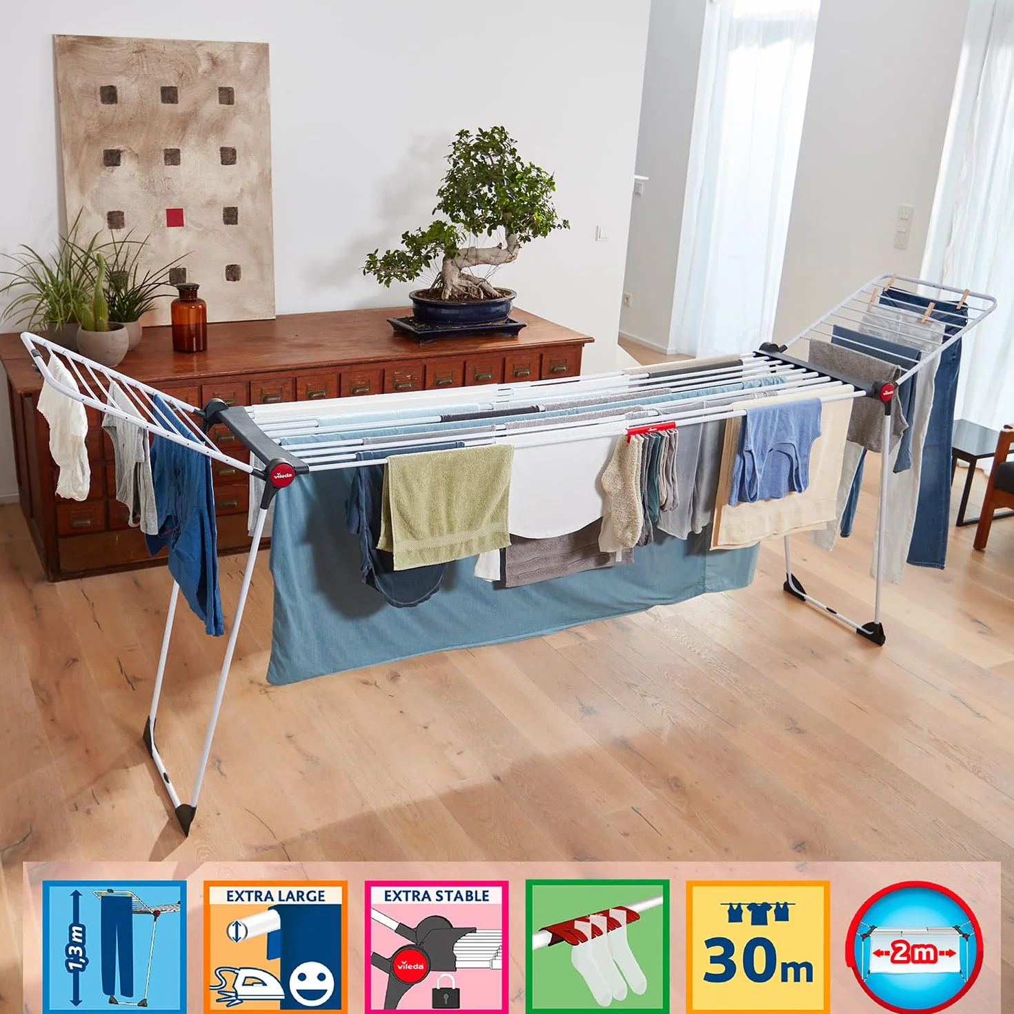 Vileda Infinity Flex XXL Stendibiancheria, Aste telescopiche Estendibili, Stendibiancheria Già Montato, Bianco