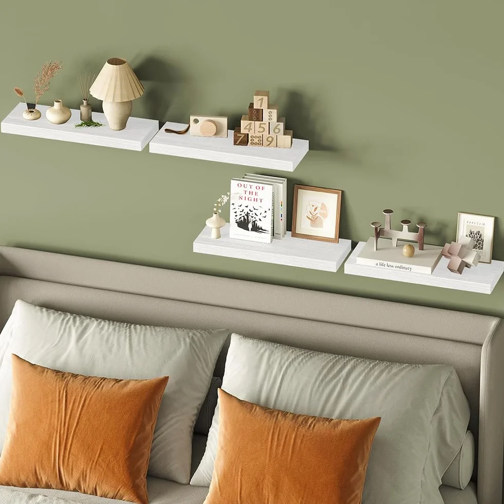BAKAJI Set 4 Mensole da Parete in Legno Massiccio, Scaffali a Muro Multiuso con Staffe a Scomparsa in Metallo, Scaffalatura per Camera da Letto, Soggiorno, Cucina, Bagno, 40 x 14 x 3 cm (Bianco)