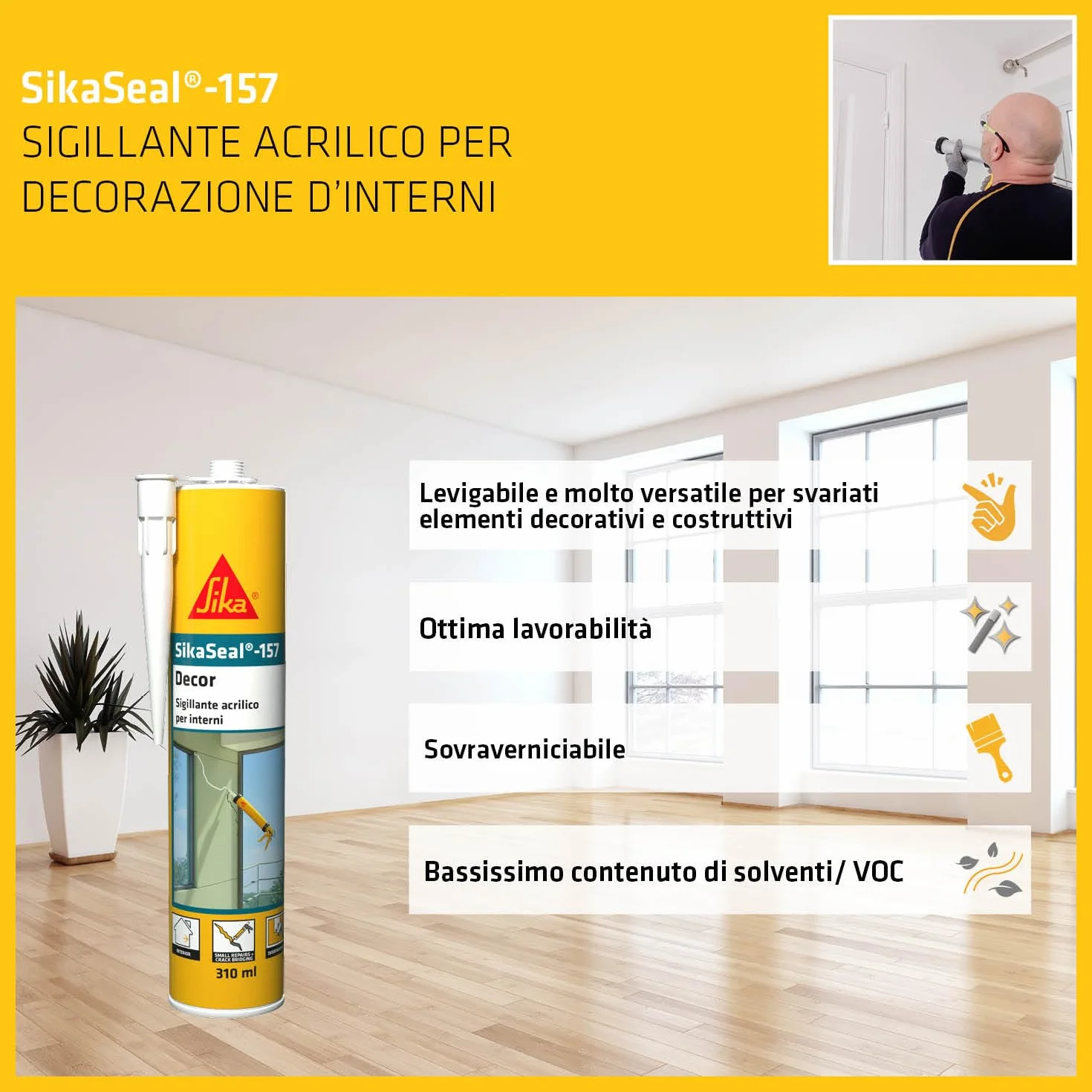 SIKA - Sigillante acrilico per interni - SikaSeal-157, Bianco - Ripara crepe, battiscopa e infissi con un tocco - Facilissimo da usare e sovraverniciare - 310ml