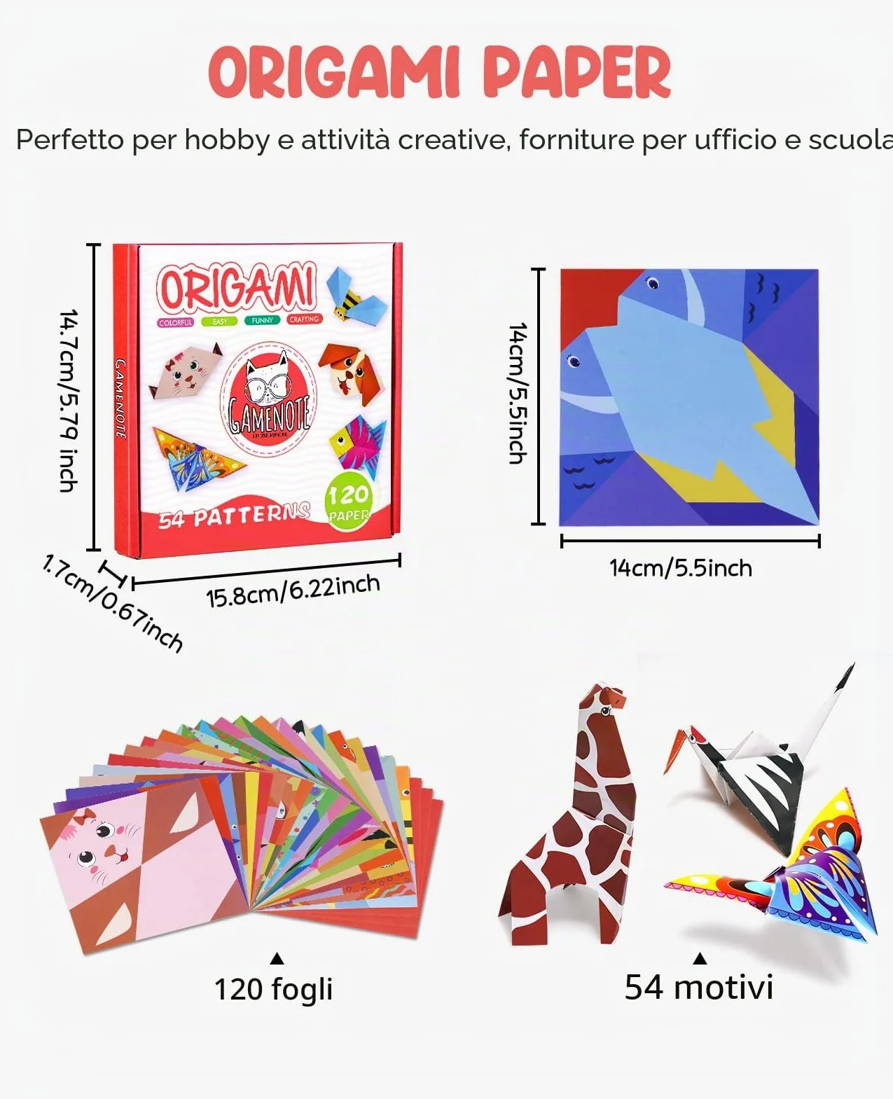 Gamenote Carta Origami 120pcs Doppia Faccia Fogli Colorati 54 Modelli Set per Bambini