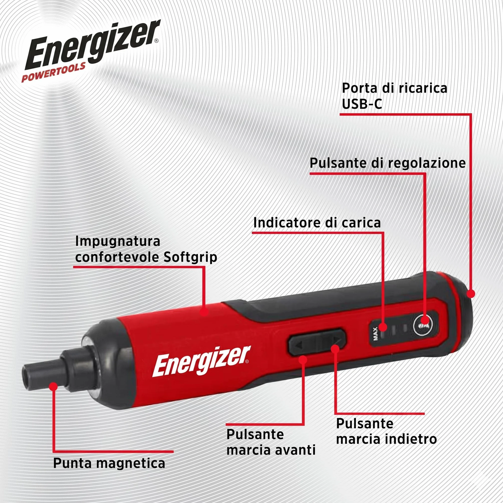 Energizer - Cacciavite elettrico da 3,6 V – Batteria ricaricabile da 1500 mAh cavo USB-C (Incluso)- 26 punte di avvitamento incluse - 3 NM - Ideale per montaggio, smontaggio e piccoli lavori