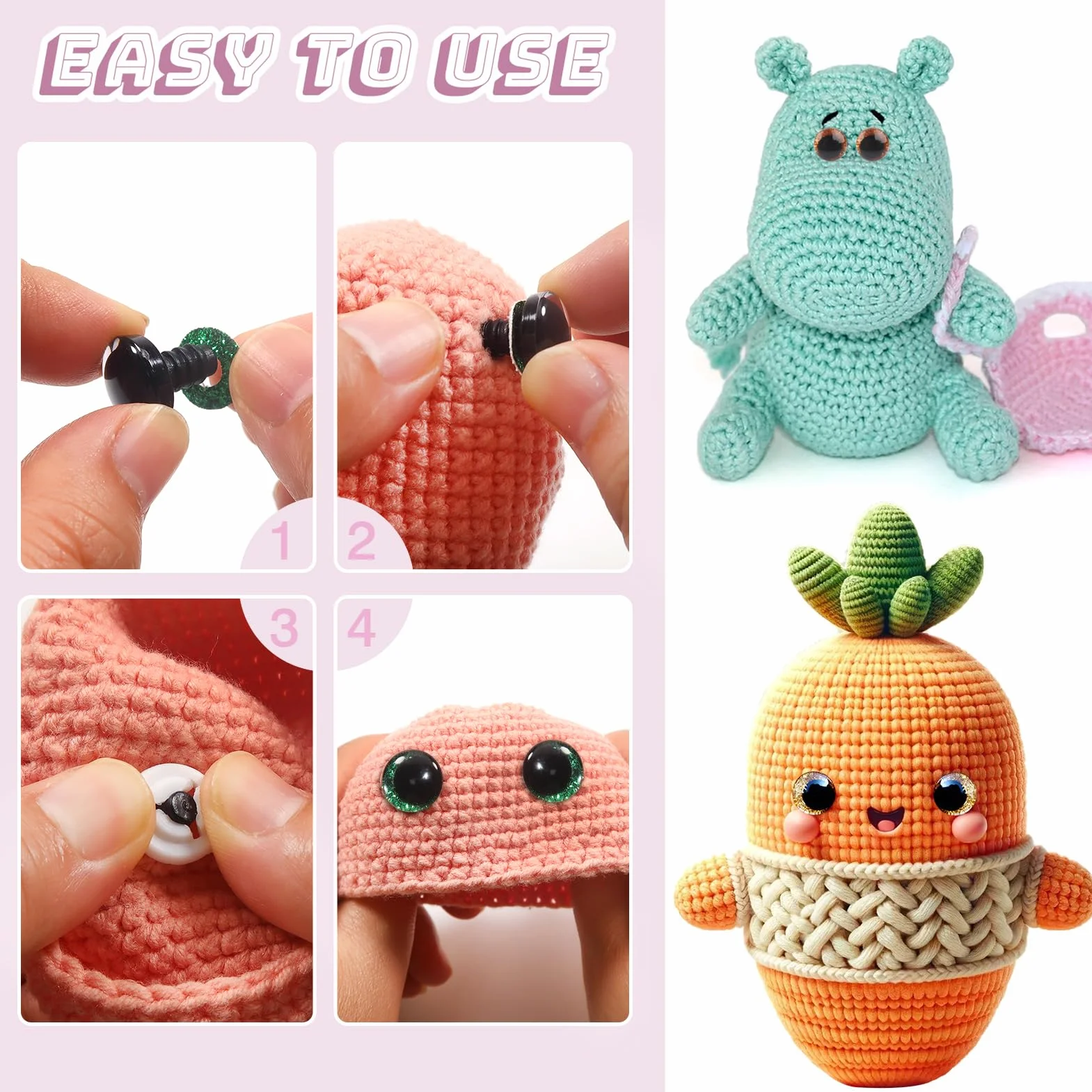 TOAOB 64 Pezzi Occhi di Sicurezza per Amigurumis 12 mm Colorati Glitter Occhi in Plastica con Rondelle per Bambole Animali Peluche