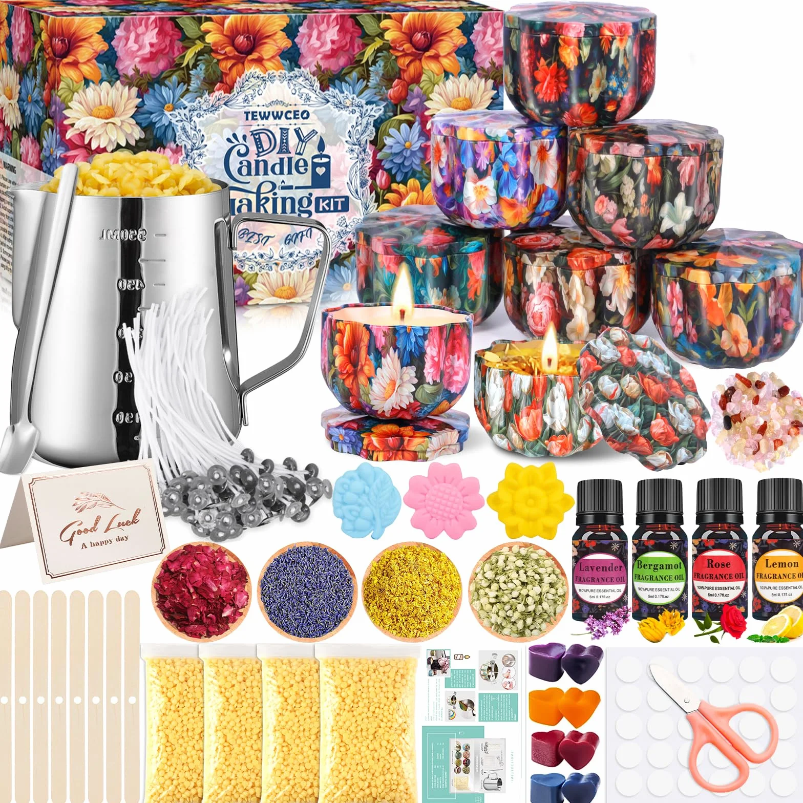 TEWWCEO Kit per Fabbricazione Candele, Set Regalo DIY con Cera d'api da 480g, 8 Vaso a Forma di Fior - per Principianti