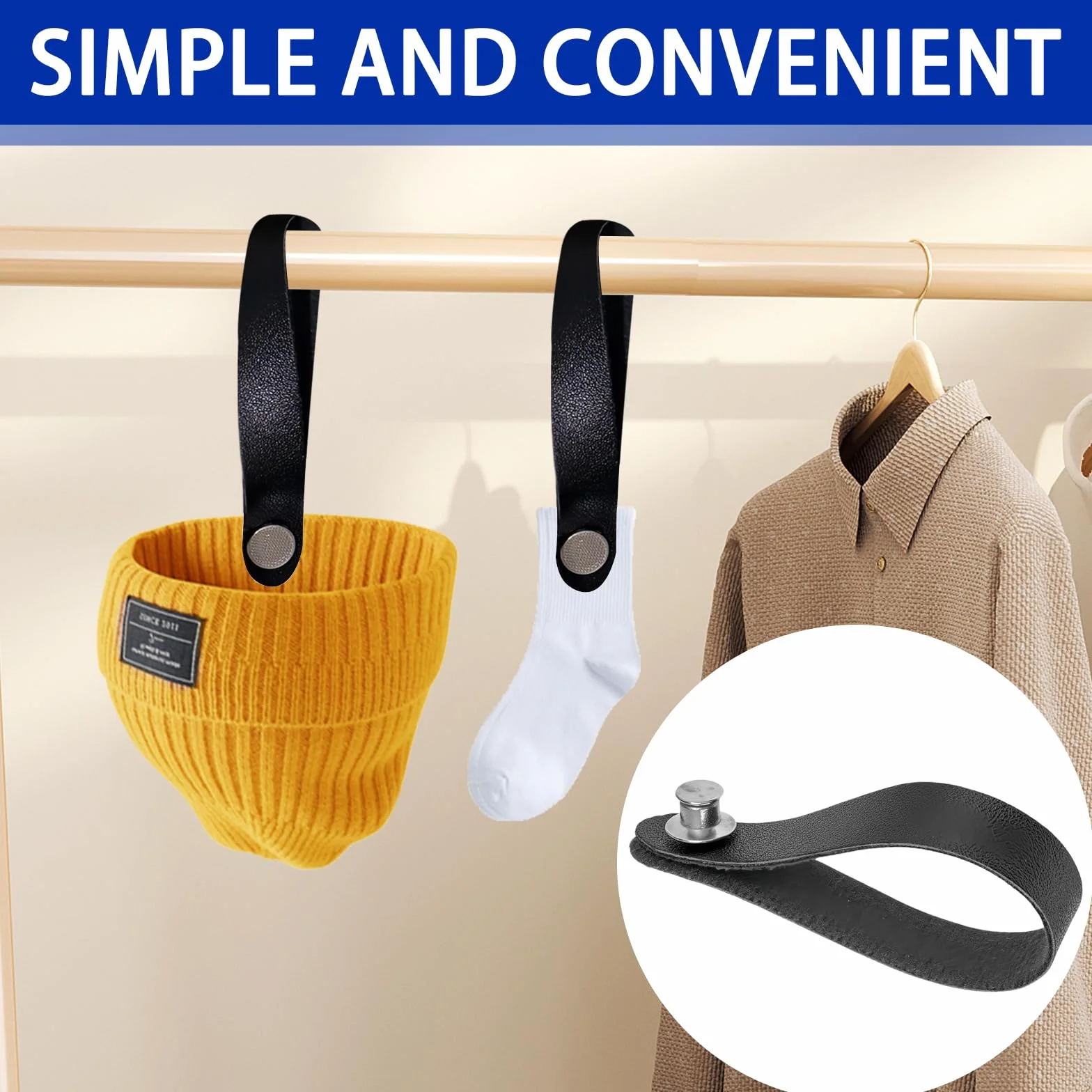 Ganci per Tessuti Senza Cuciture 8 Pezzi 15x1.2cm Pelle PU Chiusura a Bottone Ganci per Asciugamani Bagno Cucina Nero