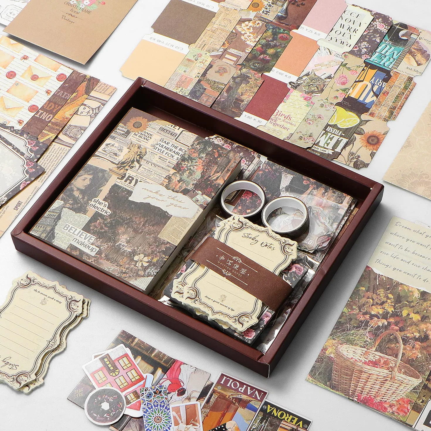 SUPRBIRD Scrapbooking Kit Set di accessori per scrapbook vintage 136 pezzi,Estetico Bullet Junk Journaling con A6 Griglia Notebook Album Da Viaggio, regalo fai da te per Ragazze E Donne (Cioccolato)