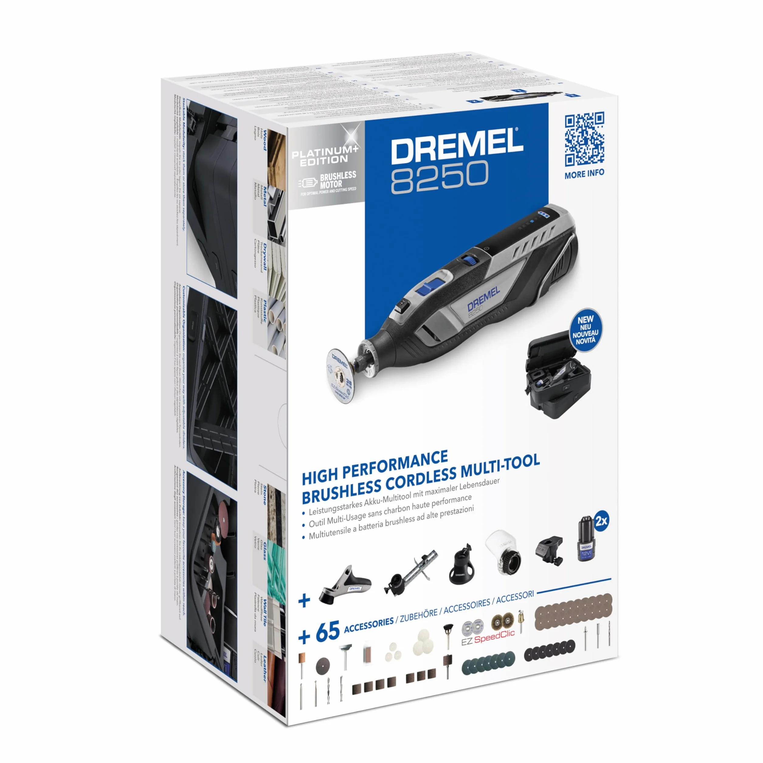 Dremel 8250 Multifunzione Rotativo Senza Fili 12V Brushless 5.000-30.000 giri/min con 65 Accessori e 2 Batterie