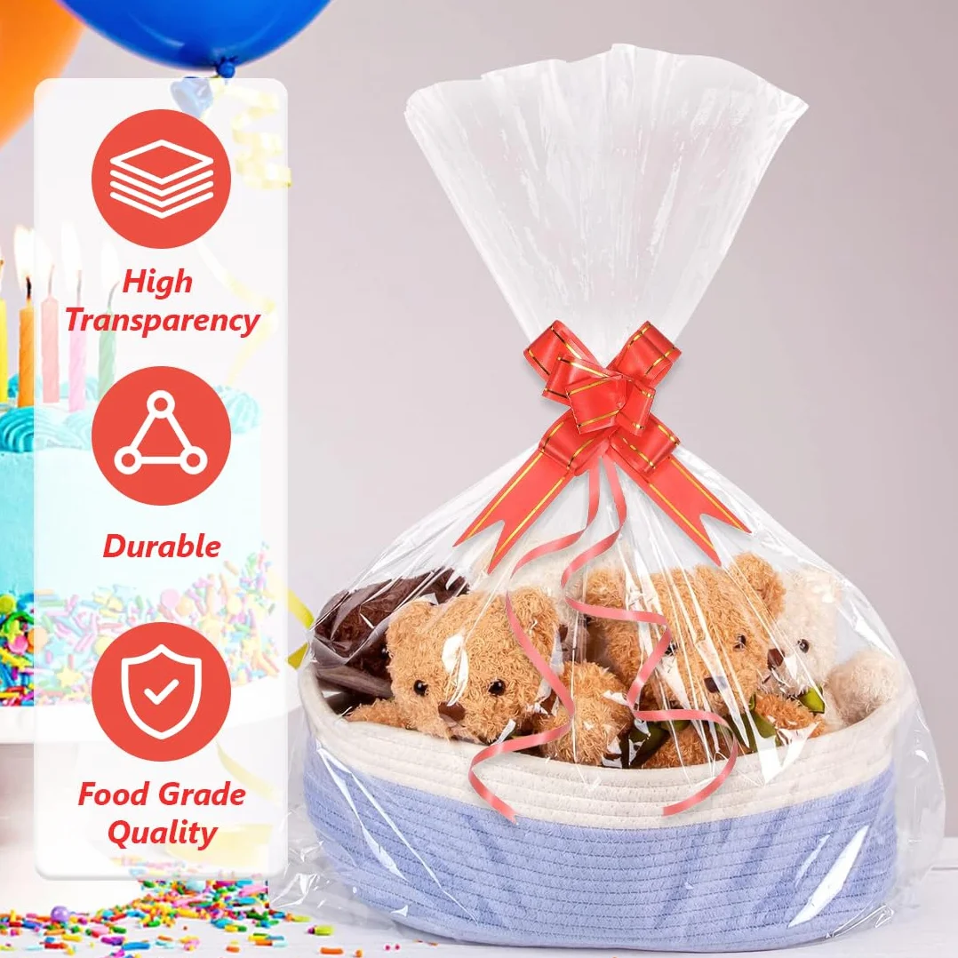 3 Pezzi Grandi Sacchetti di Cellophane con 3 Fiocchi Decorativi, Carta Trasparente per Regali, Cesti, Fiori, Artigianato, Dolci, Matrimonio (70x100cm) (Trasparente)