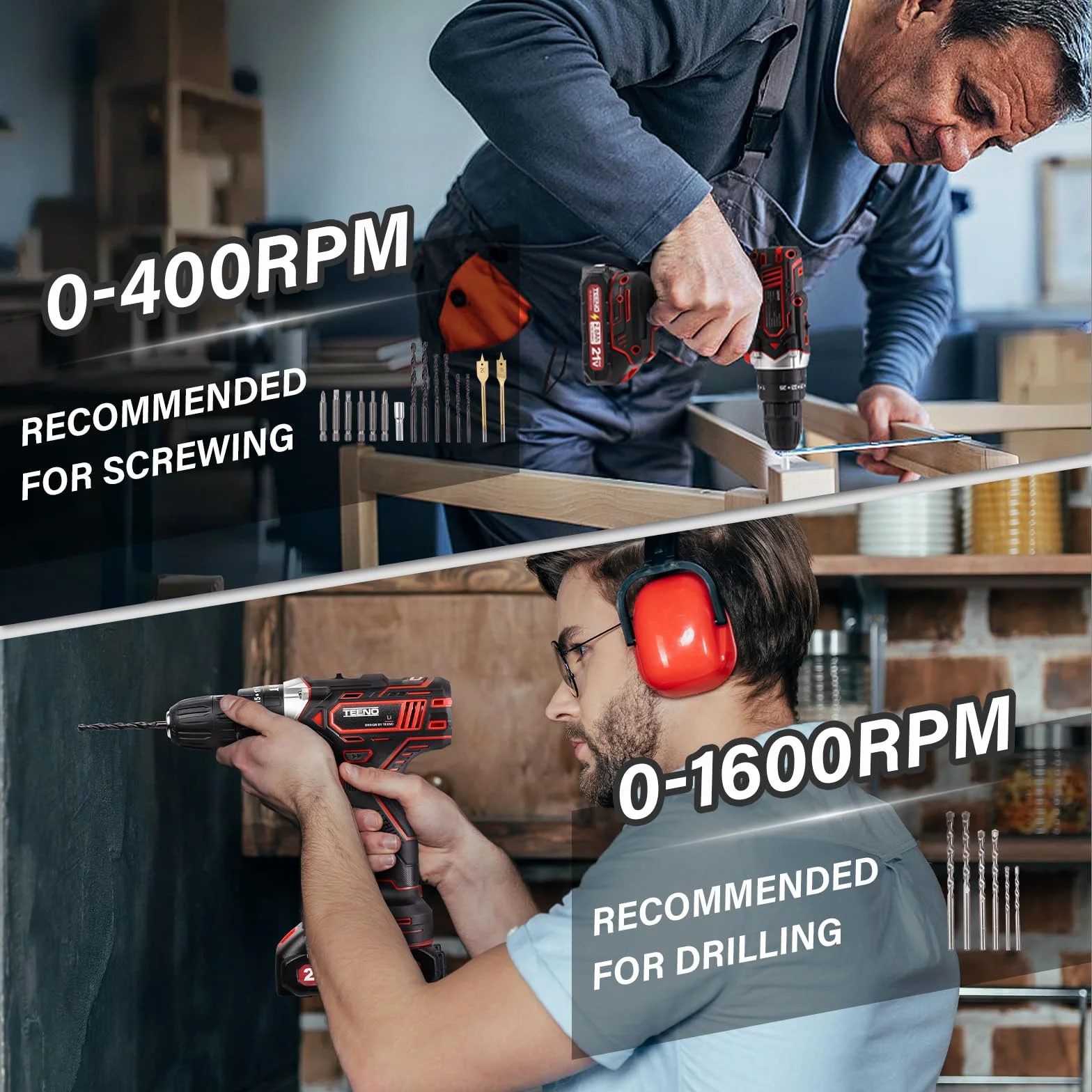 TEENO Trapano a Percussione a Batteria 21V, 45 Nm Avvitatore a batteria con spazzole,Compatibile con le Makita 2 batterie 2,0 Ah, 25+3 Impostazioni di Coppia,3 spazzole per la pulizia,2 Velocità, LED