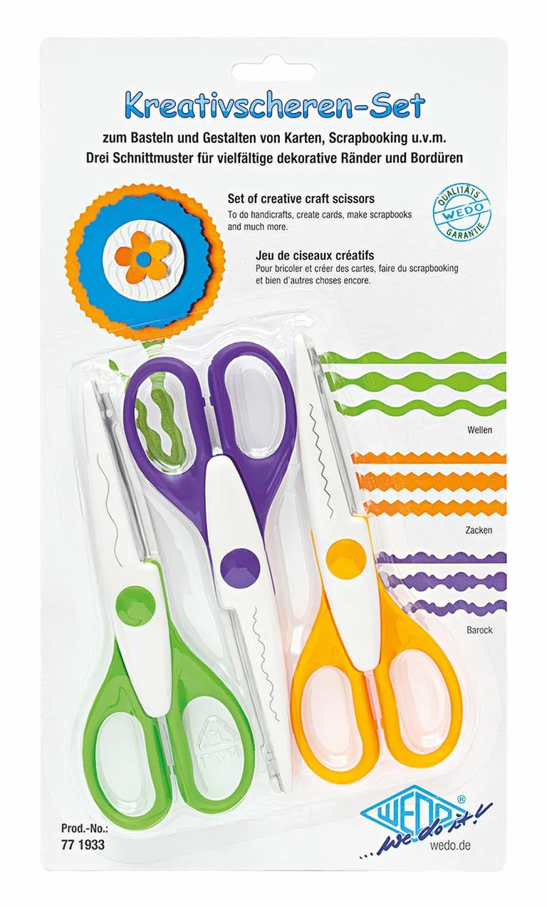 Wedo 771933 Set di forbici creativo, per onde, punte, merletti, grandi maniglie forate, contenuto: 3 pezzi, Set da 3, 16 cm colori assortiti