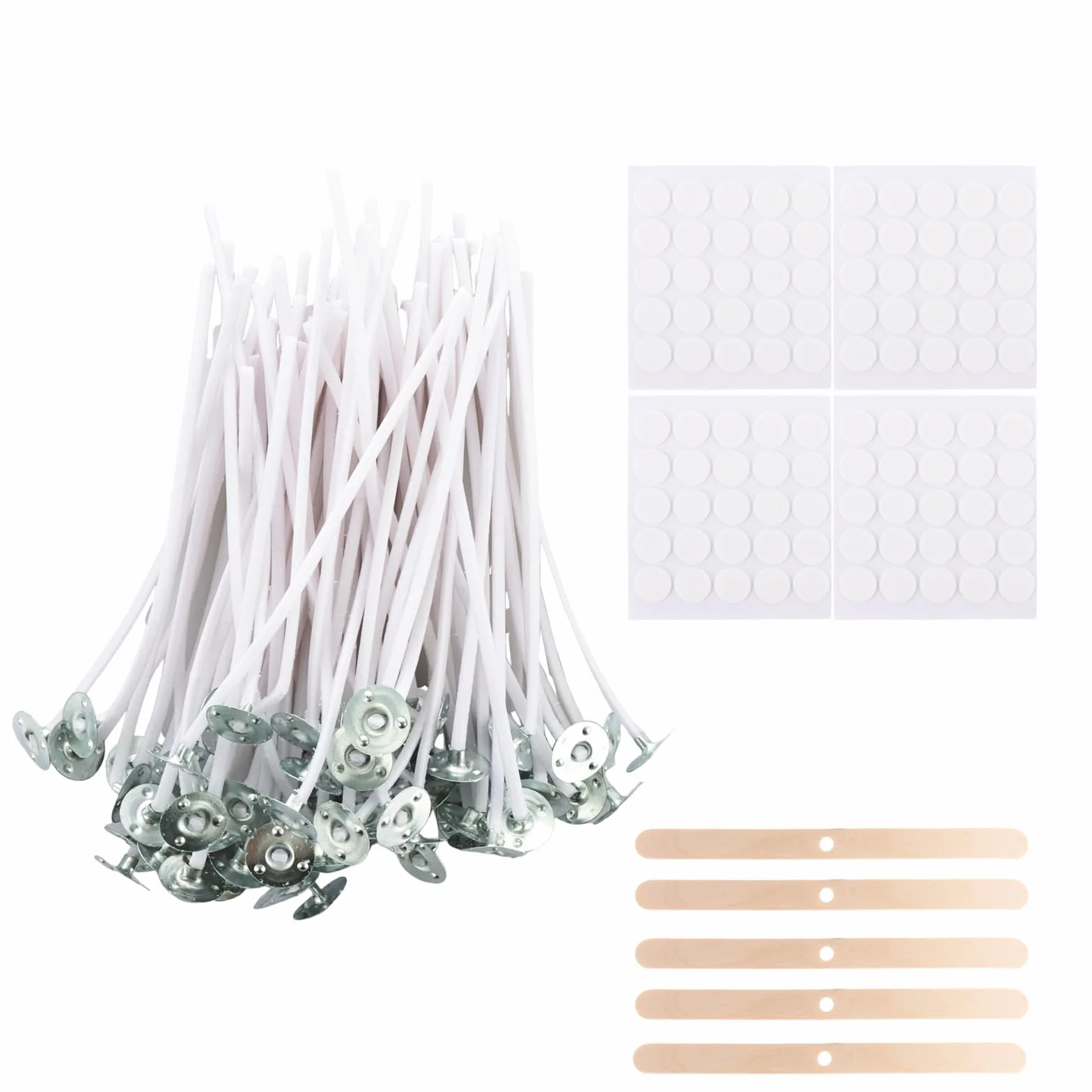 ASelected Set di 200 stoppini per candele da 10 cm, con supporti e adesivi di fissaggio, stoppini per candele senza fumo, stoppini in cotone per candele fai da te