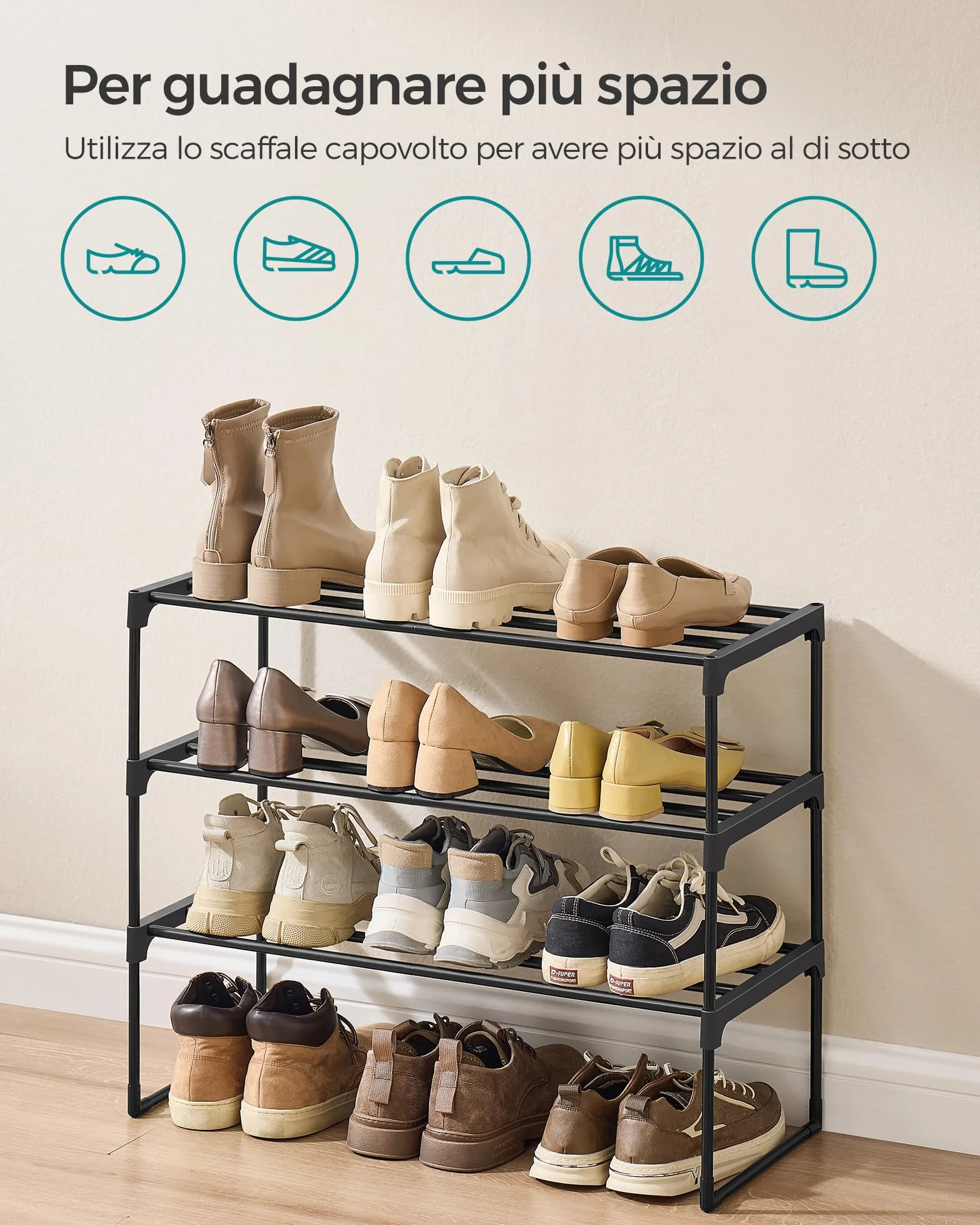 SONGMICS Scarpiera 3 Ripiani Portascarpe Metallo 30x68x55 cm Nero
