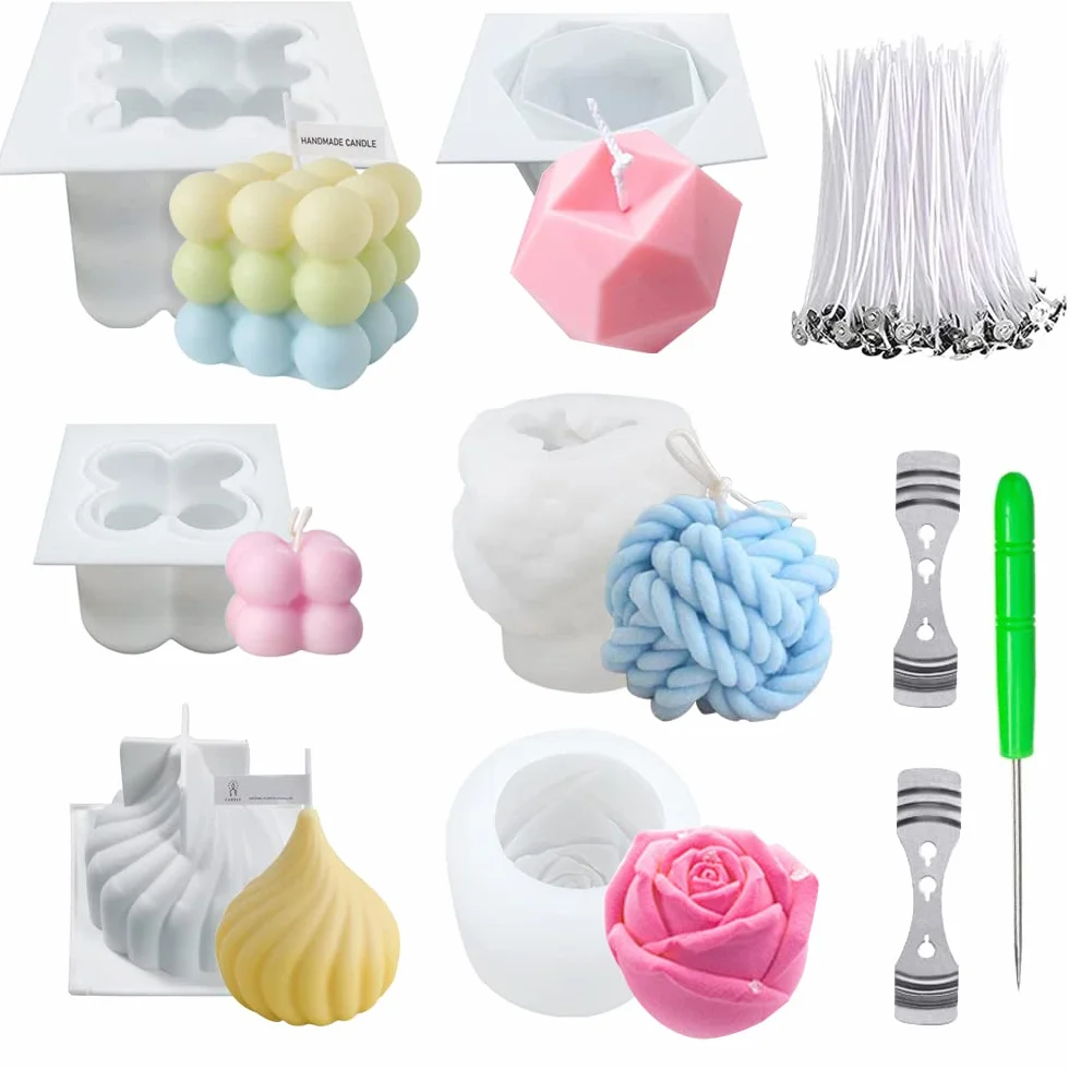 Set di 6 Stampi, per Candele Cubo a Bolle 3D, in Silicone Rosa con 100 Stoppini e Porta Stoppino, per candele profumate fai da te, sapone