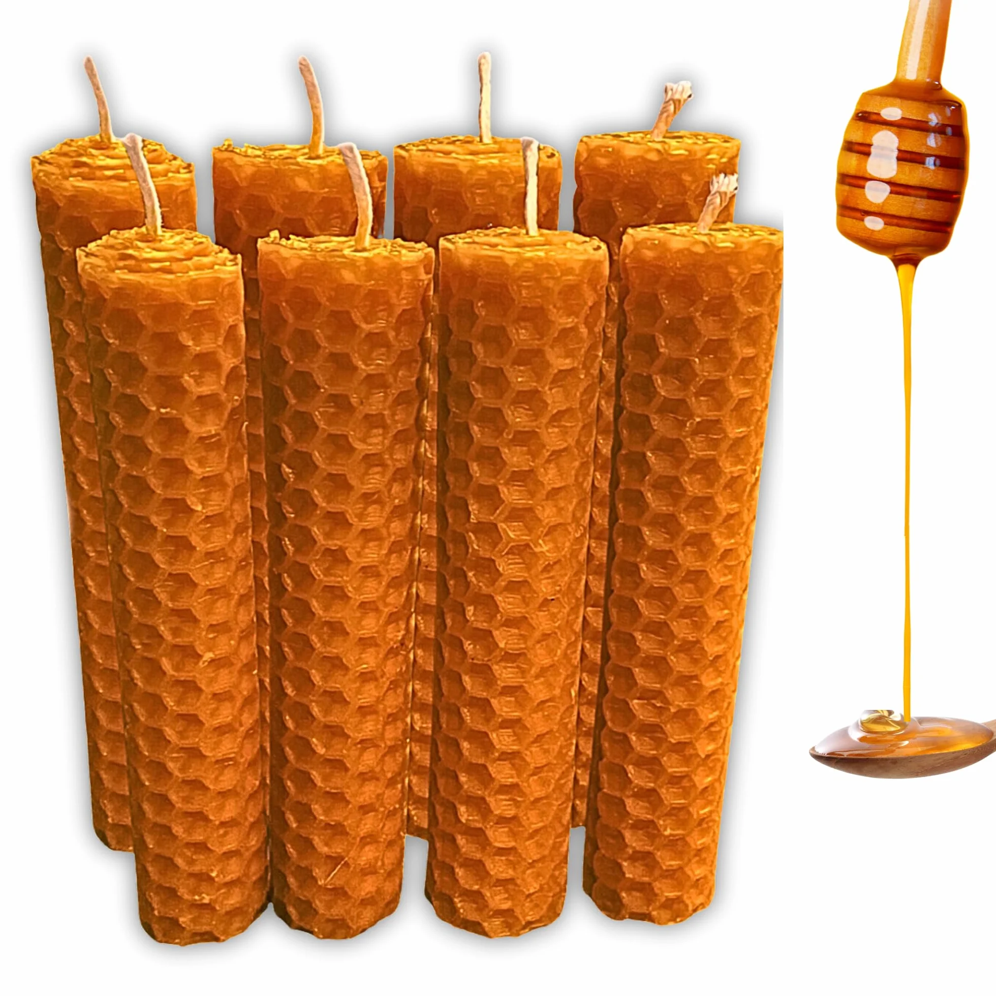 Candele al miele d'api 8 pezzi, cera d'api pura 100% spagnola, fatte a mano, 10x2,2 cm, senza paraffina