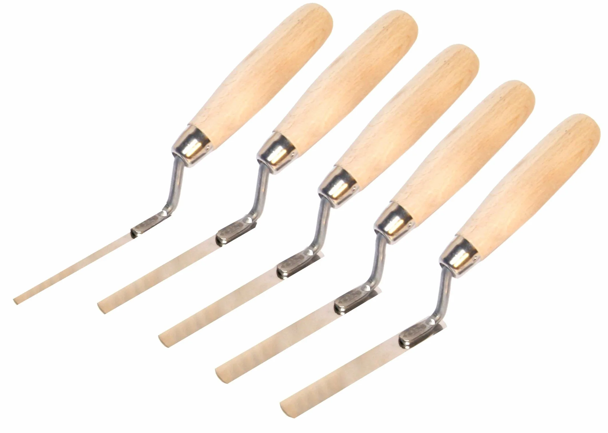 Set di 5 cazzuole da dito: 6, 8, 10, 12, 14 mm, in acciaio inox, con manico in legno.