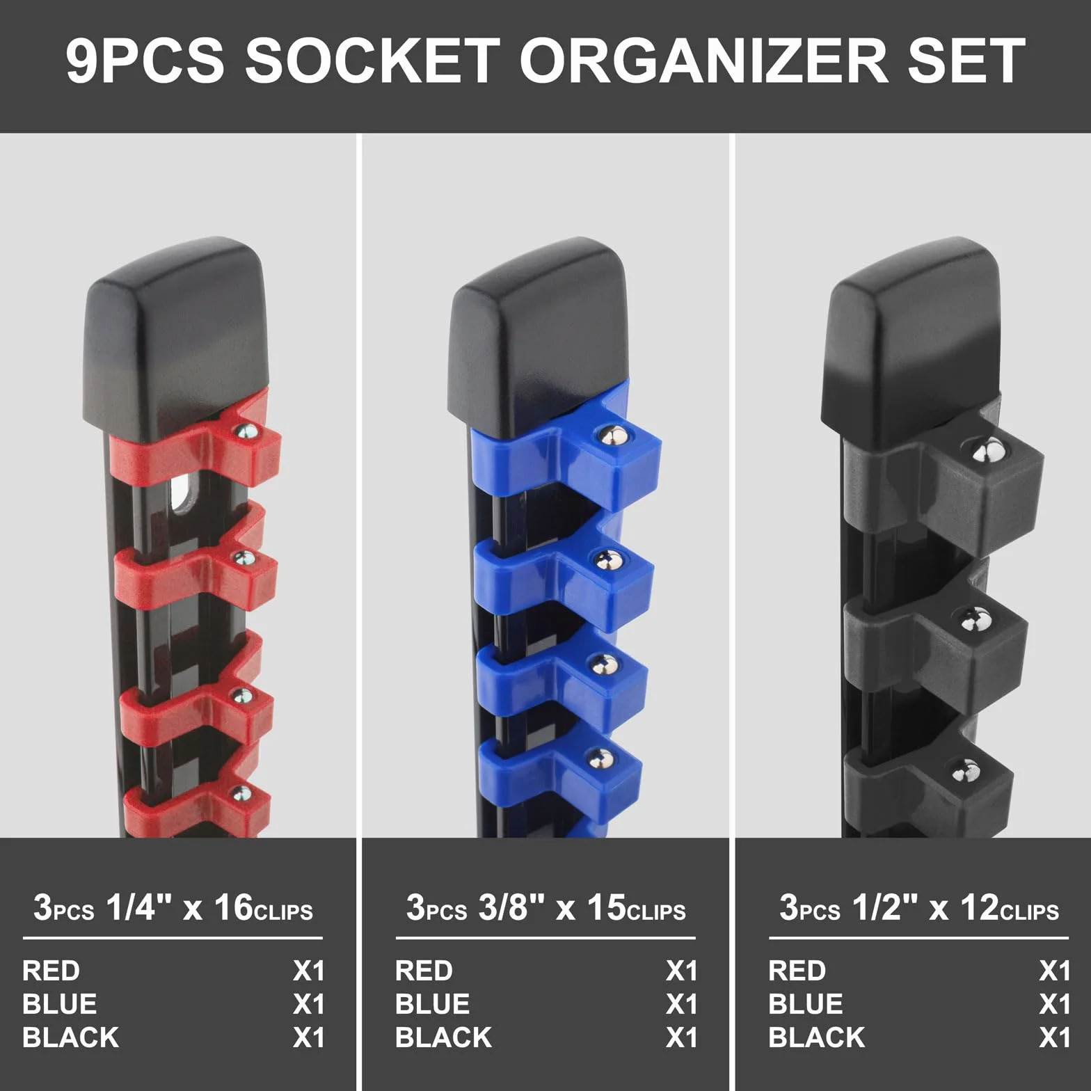 Gunpla Set di 9 Porta Bussole SAE o Metric Con 129 Clips - 1/4" x48, 3/8"x45, 1/2" x 36 - Organizer Porta Utensili da Parete