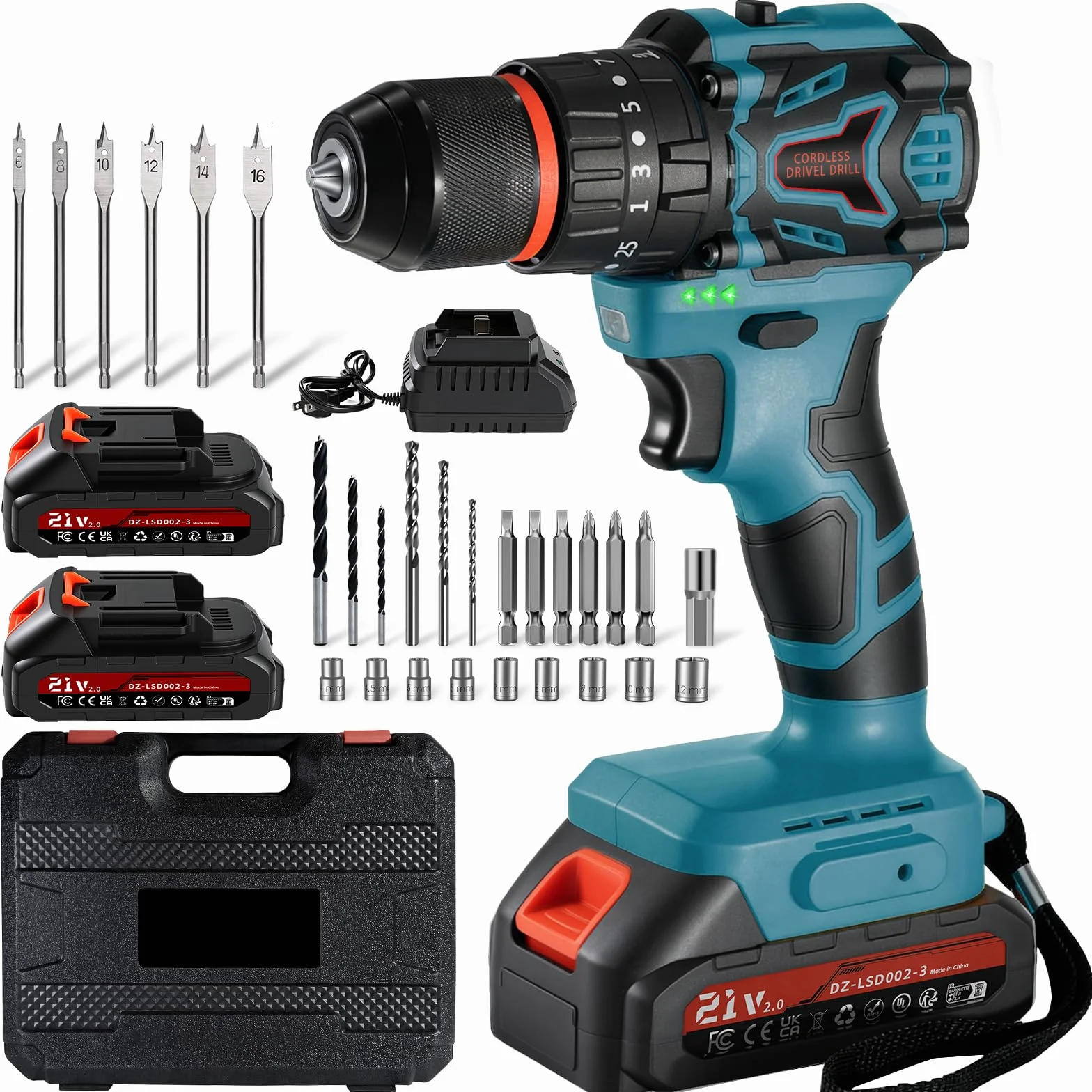 Trapano avvitatore a batteria brushless, trapano a percussione 21V, 70 Nm,con 2 2,0 Ah batterie, 25+3 impostazioni di coppia, 2 velocità, luce LED, avvitatore elettrico Ideale per forare e avvitare
