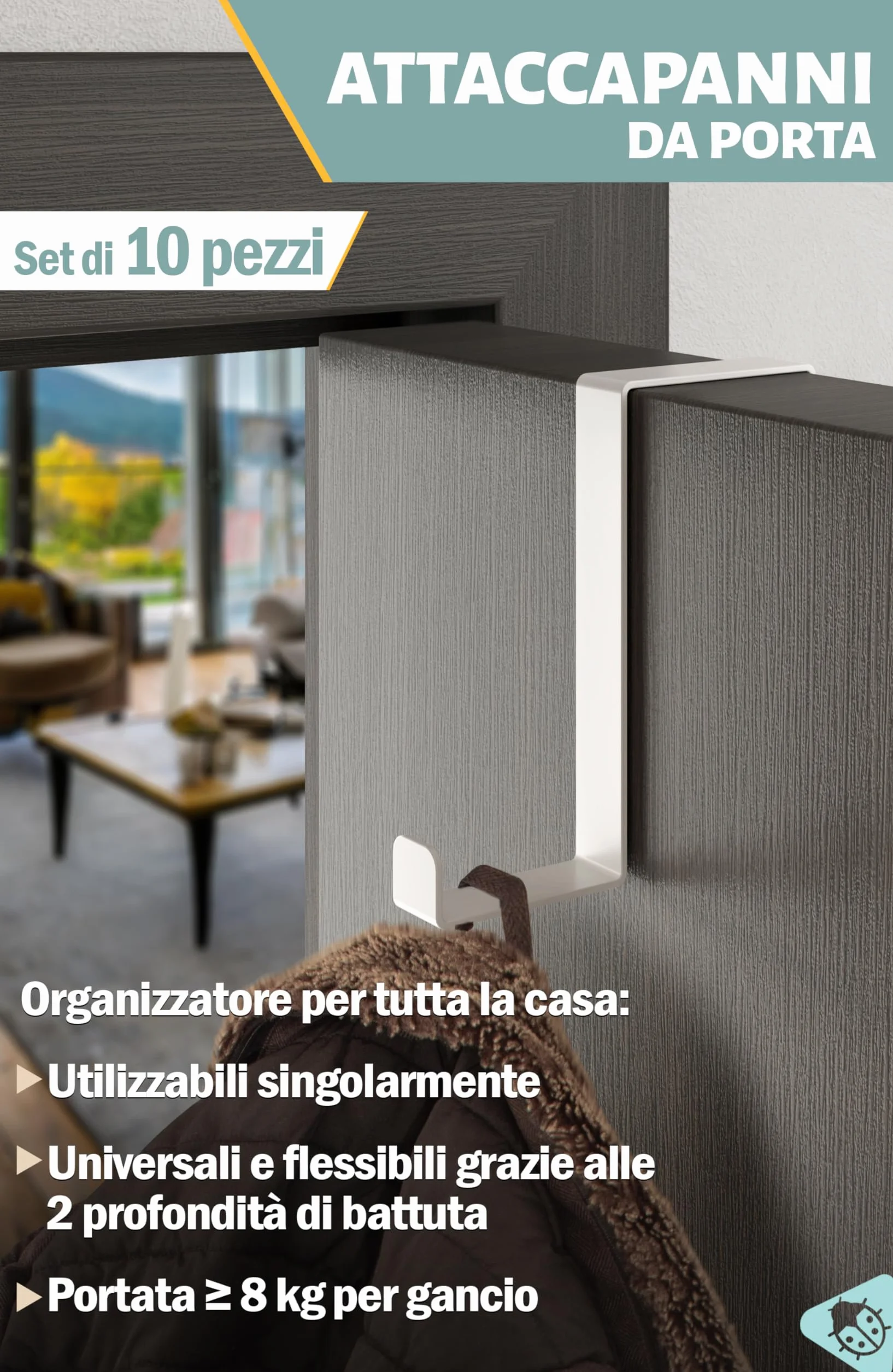 Menz attaccapanni da porta 10 pezzi bianco ganci 4,1 cm e 4,6 cm resistenti