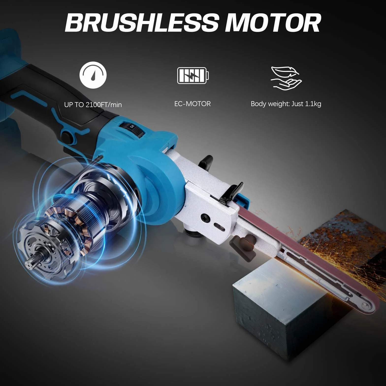 Levigatrice a nastro senza fili compatibile con batteria Makita 18V, levigatrice per dettagli senza spazzole con 6 velocità, bracci abrasivi da 3/8" e 1/2" e 16 nastri abrasivi (40/60/80/120#) per