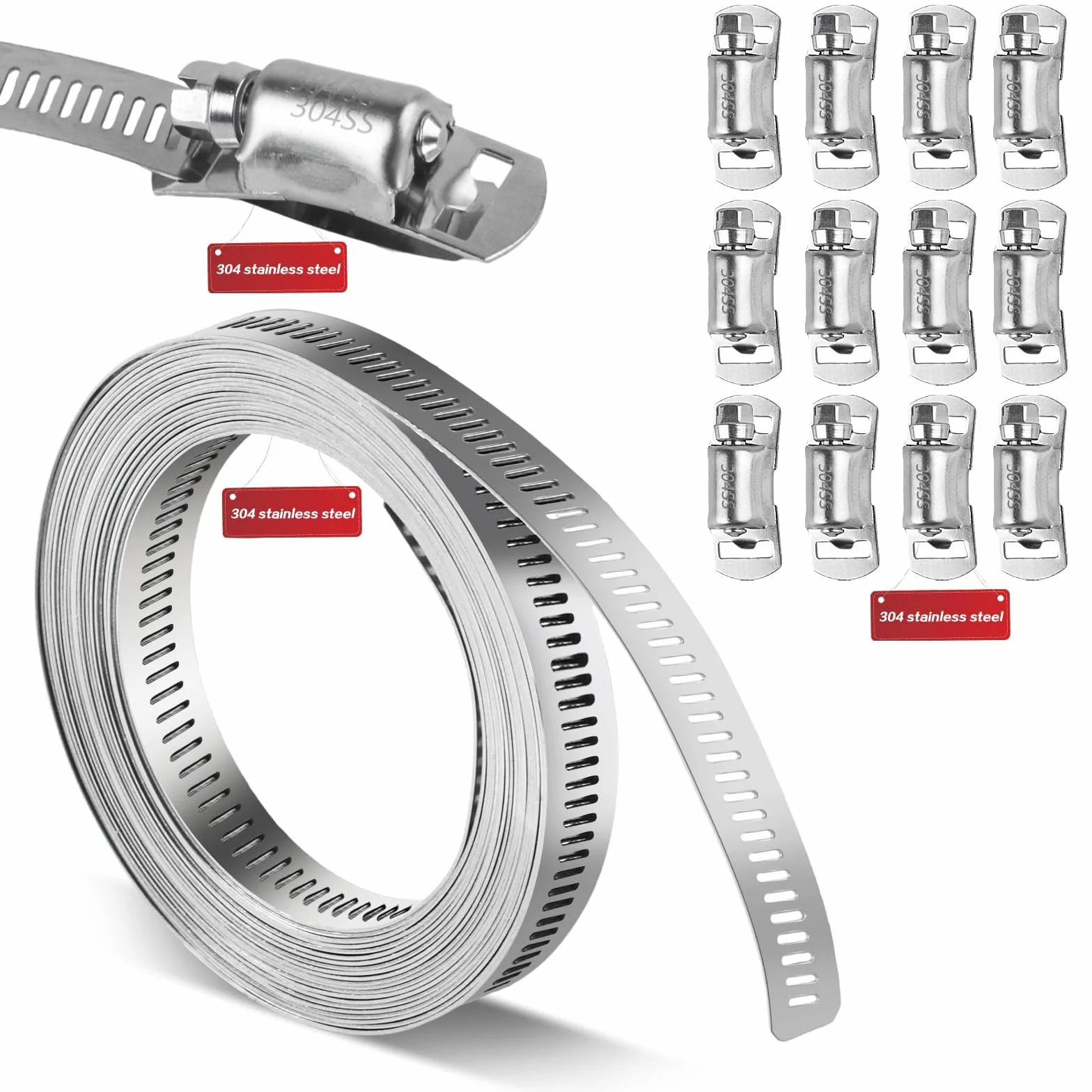 Set di fascette per tubi in acciaio inossidabile 304, regolabili, interminabili, adatti per tubi gas/acqua/automobili, comprende 12 morsetti a vite