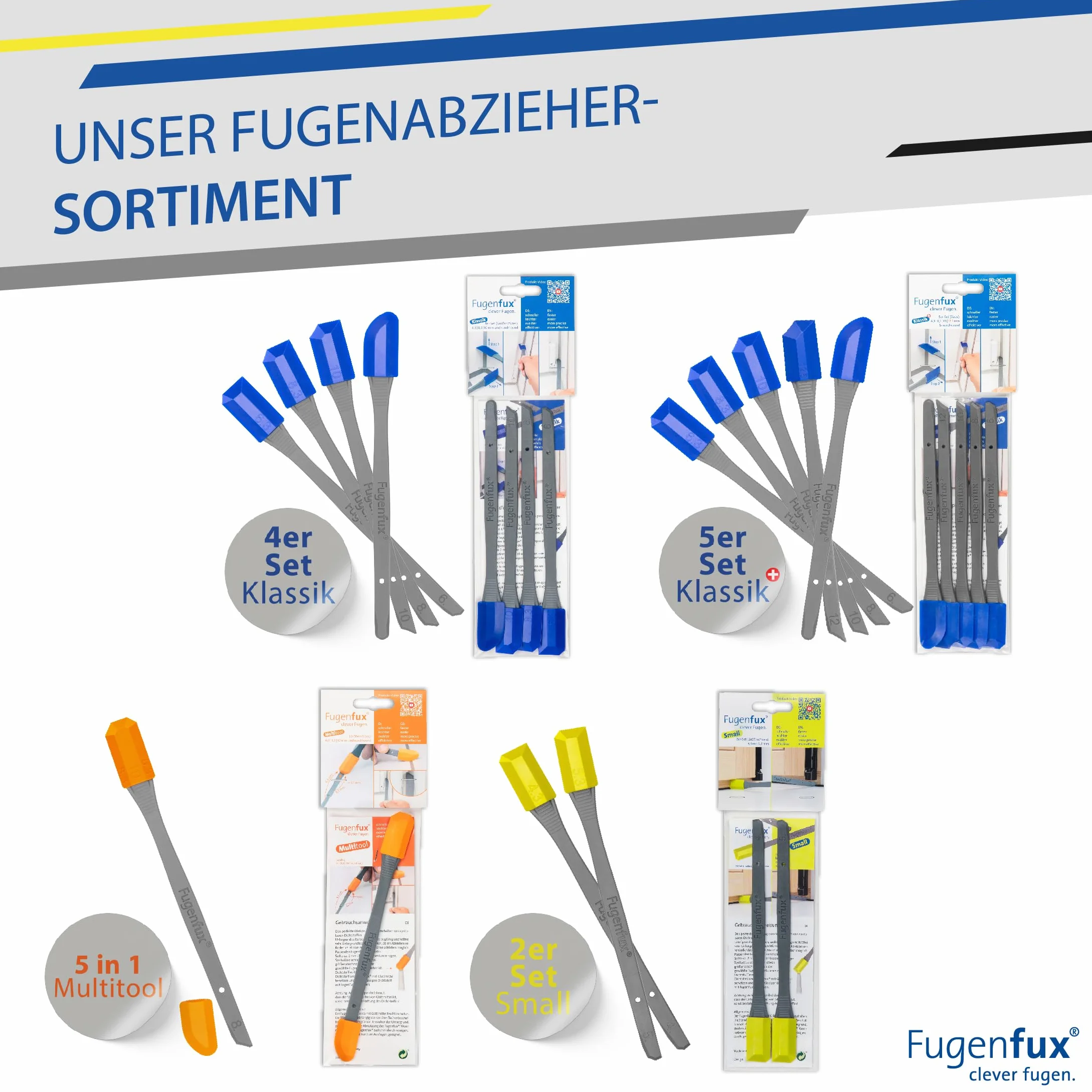 FUGENFUX® Set professionale: Classic 5 + Small – Speciale estrattore per fughe – Piastra per fughe di qualsiasi dimensione – Estrattore per fughe con punta magica rivoluzionaria per punto estremamente