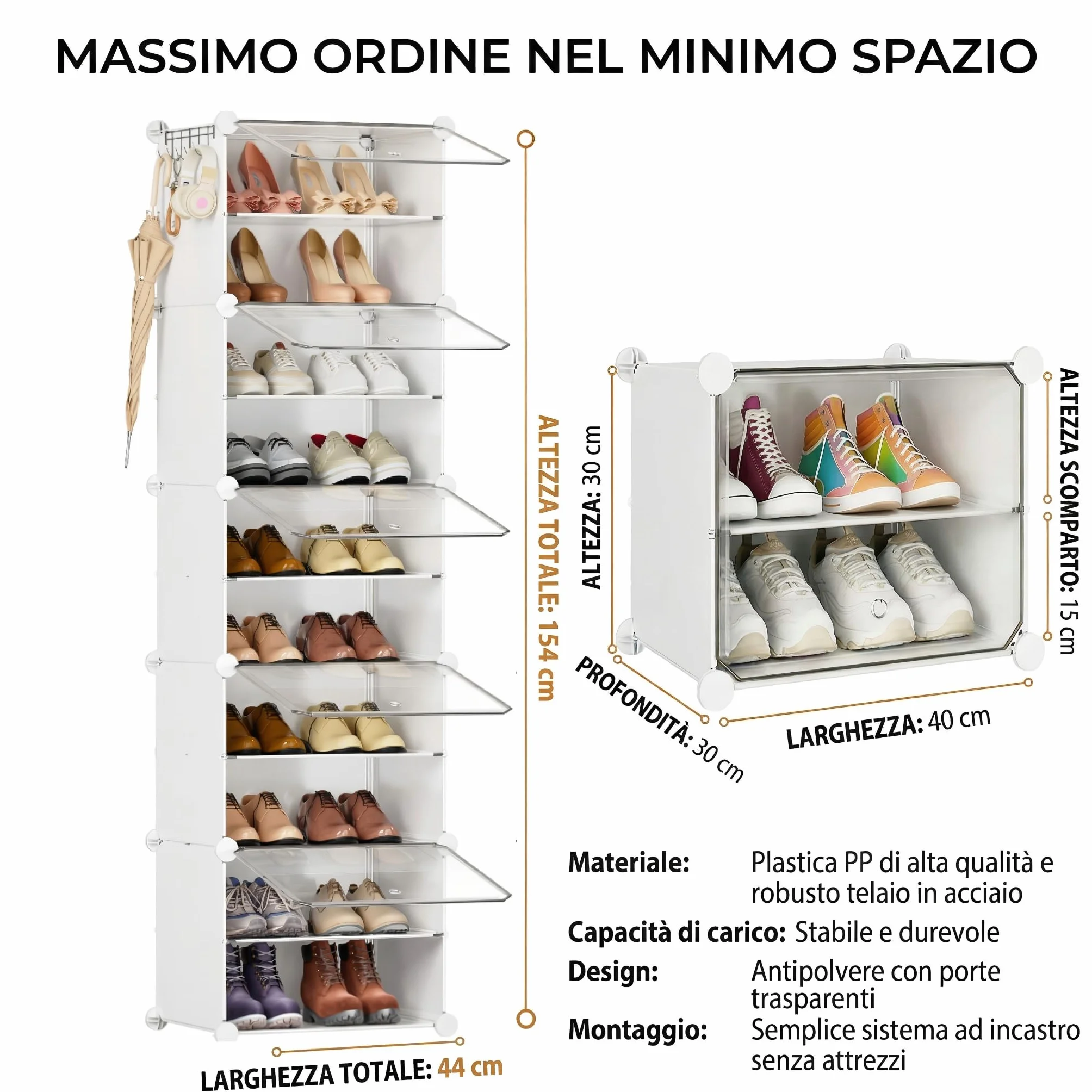 Scarpiera salvaspazio slim alta e stretta a 10 livelli con porta, scarpiera modulare in plastica chiusa bianca, mobile per scarpe ingresso fai da te per corridoio camera da letto
