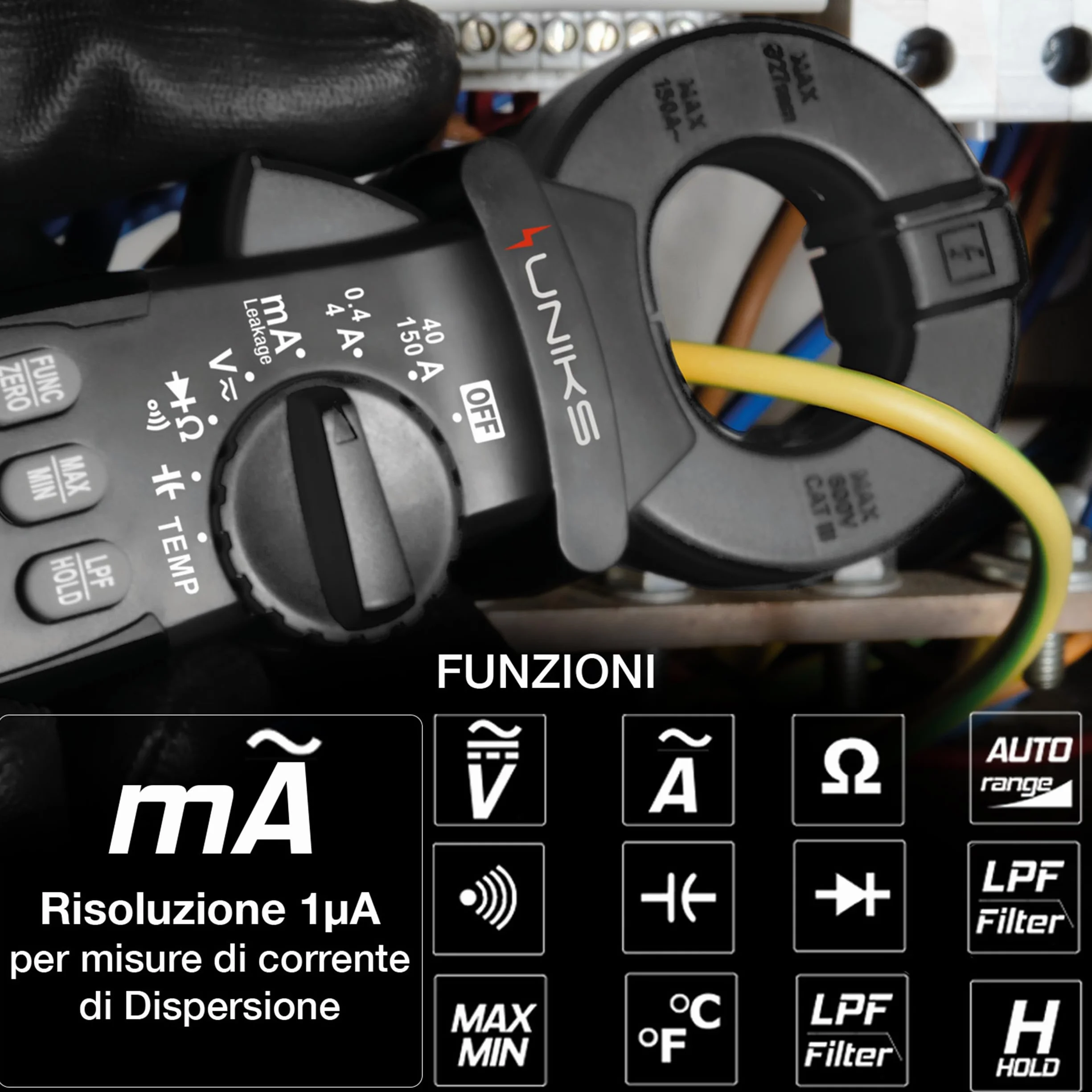 UNIKS – Pinza Amperometrica Professionale CL2 per Correnti di Dispersione, Tensione AC/DC, TRMS 600V