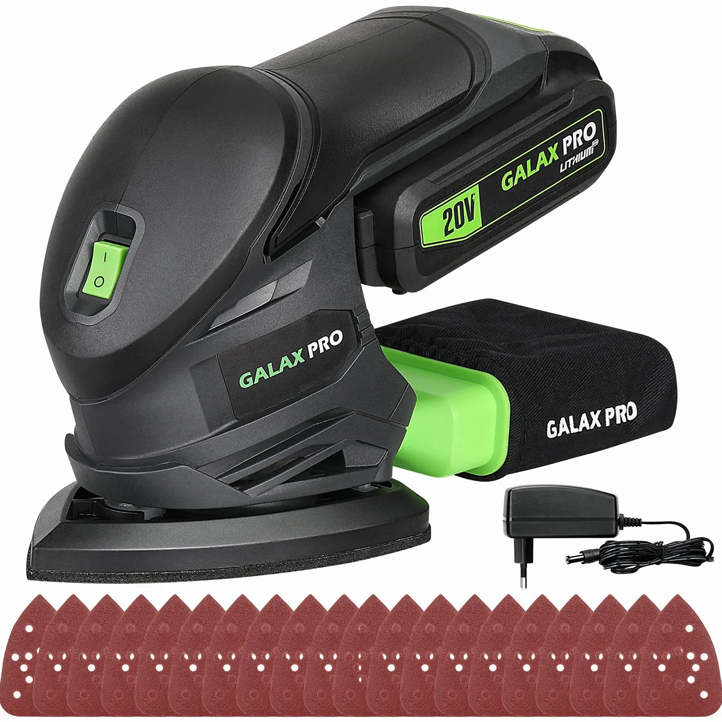 GALAX PRO Levigatrice Mouse 20V, Levigatrice a batteria 1,3Ah di Ricaricabile, Velocità 12000 OPM con 20 Carte Vetrata(5x 60/80/100/120grit)-Batteria e Caricabatterie Inclusi