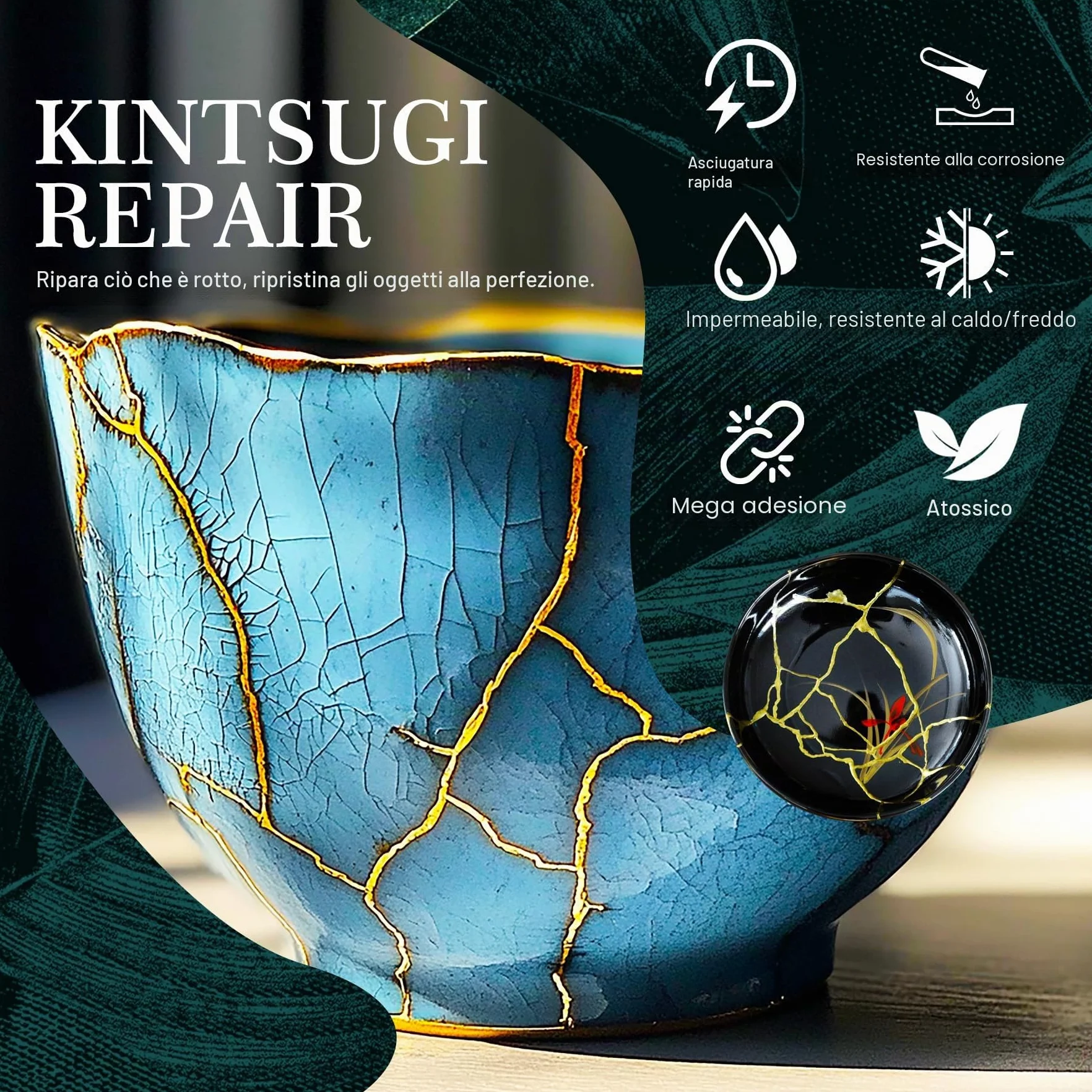 Set di riparazione Kintsugi, 50ml Oro/Argento Set Kintsugi Adesivo per Porcellana, Sicuro per Alimenti Set di Riparazione per Ceramica, per la Riparazione di Ceramica Rotta, Vetro, Sculture, Ceramiche