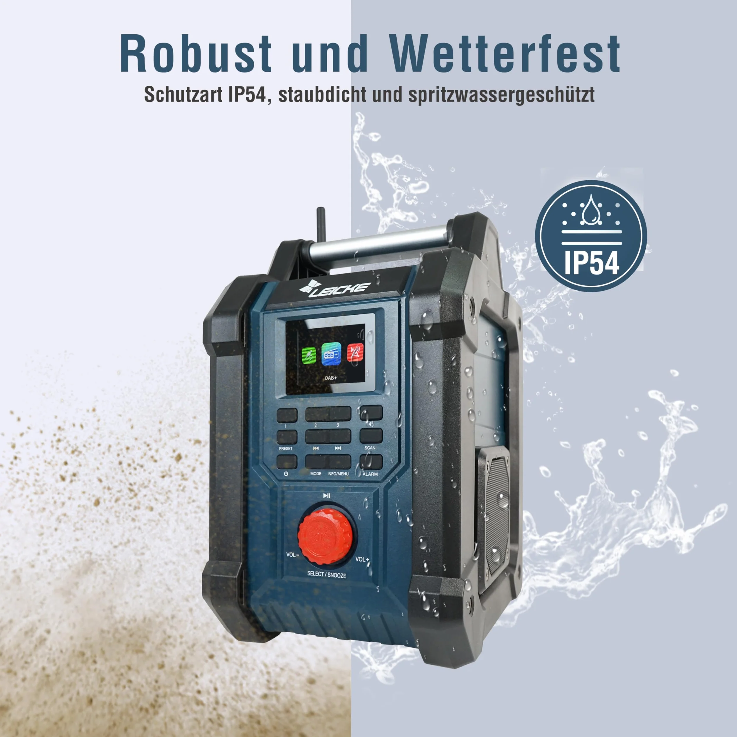 LEICKE Radio da cantiere DAB/DAB+/FM con Bluetooth, batteria 4000 mAh e caricabatterie inclusi, 2 altoparlanti da 15W e display LCD da 2,4 pollici
