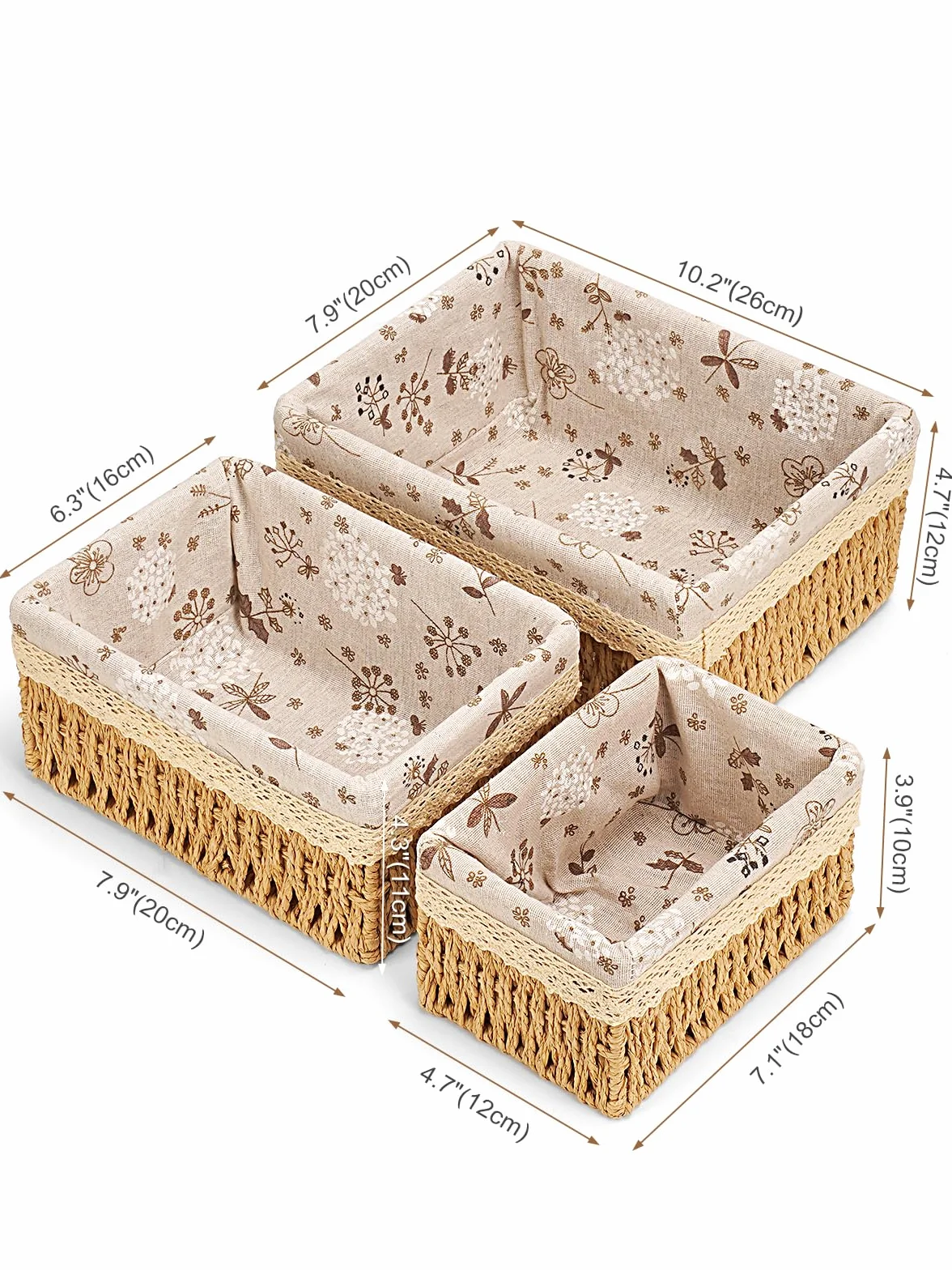Set di 3 Cestini in Vimini Floreali Intrecciati a Mano, Beige, Cestini Portaoggetti per Organizzare e Decorare