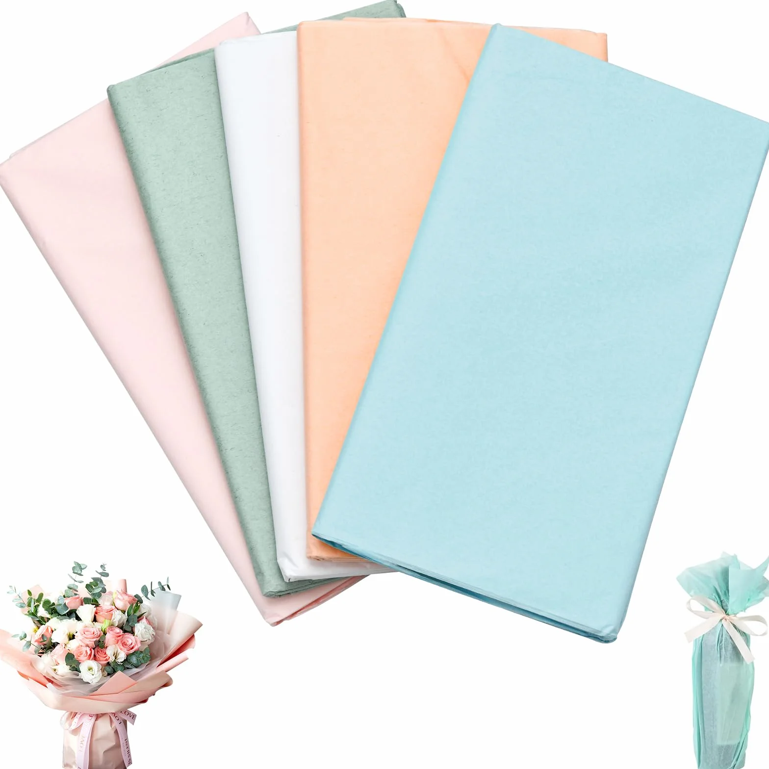 100 Fogli di Carta Velina Colorata, 5 Colori - Per Imballaggio e Confezioni Regalo per Floreale, Festa di Compleanno, Festival (50 x 70cm)