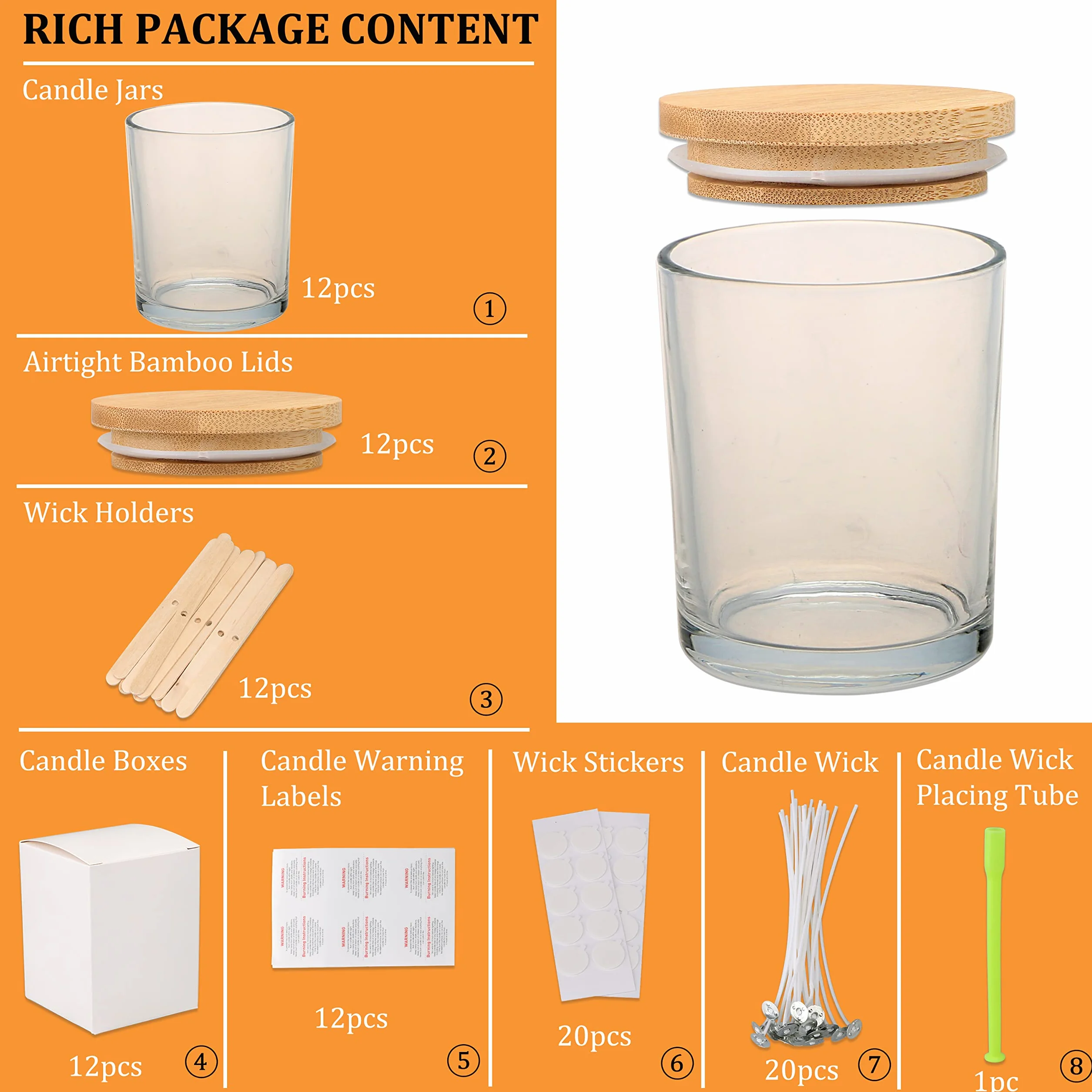 MILIVIXAY - Confezione da 12 barattoli per candele, in vetro trasparente, 355 ml, con coperchio e kit per la creazione di candele, vuoti, contenitori per spezie e polveri