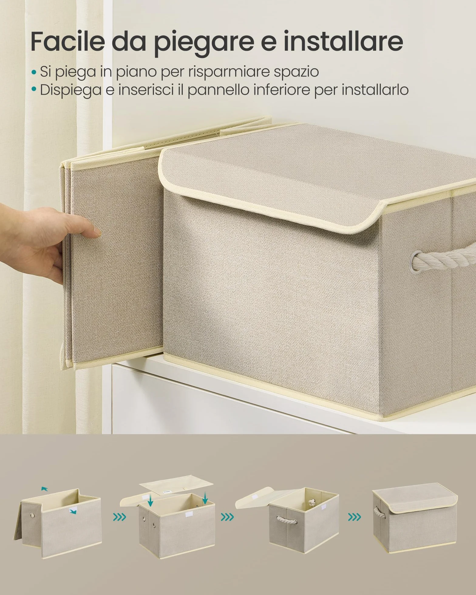 SONGMICS Scatole Portaoggetti con Coperchio, Set di 3, Contenitori Pieghevoli, 38x25x25 cm, Beige Sabbia