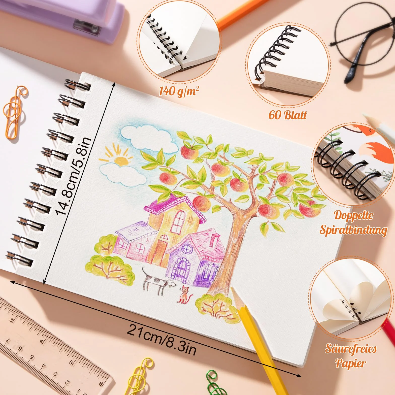 Blocco da disegno per bambini, formato A5, 140 g/m², carta spessa per artisti, professionisti della pittura (60 fogli/120 pagine)