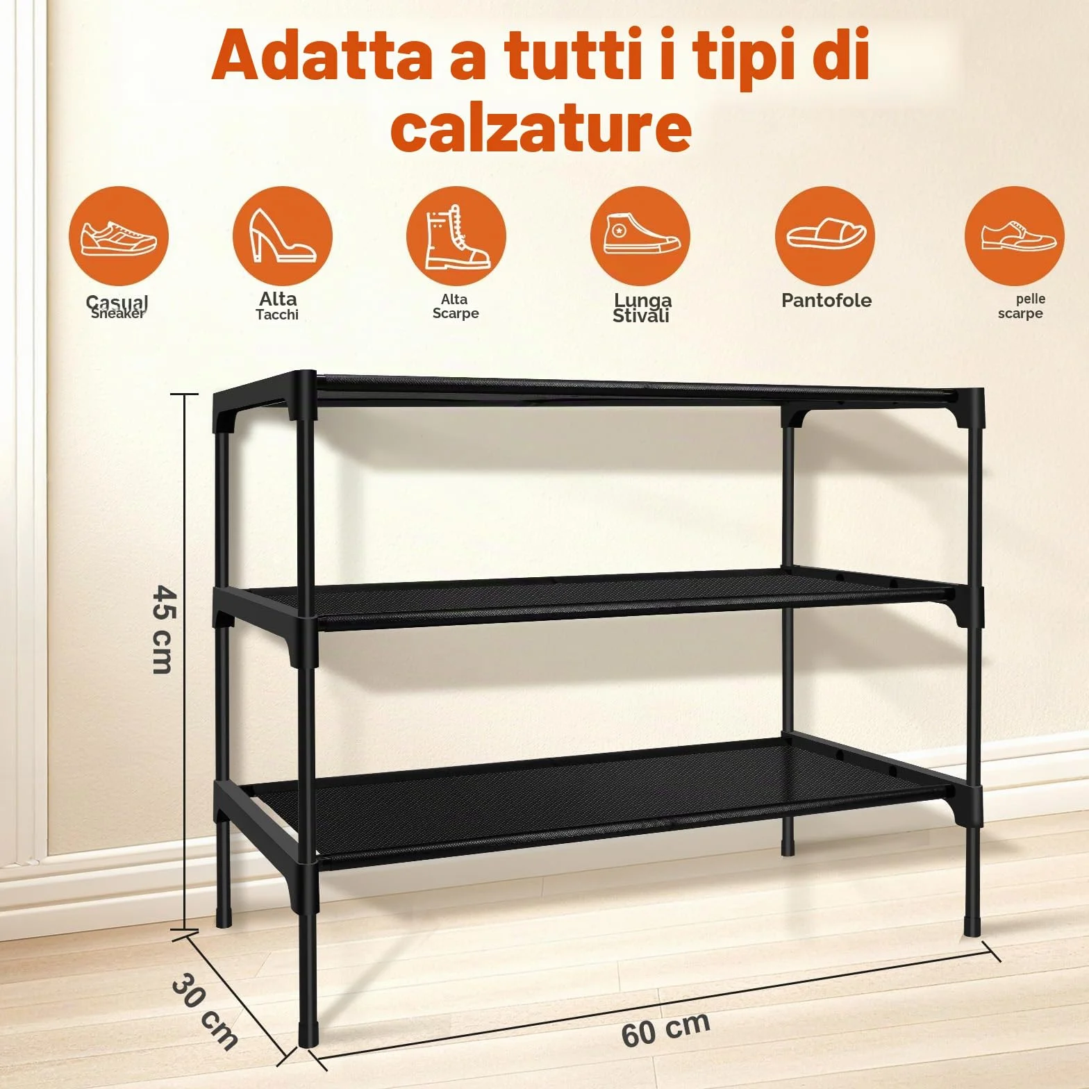 Scarpiera 3 Ripiani Impilabile Portascarpe Organizzatore Metallo 9 Paia 60x30x36 cm Nero