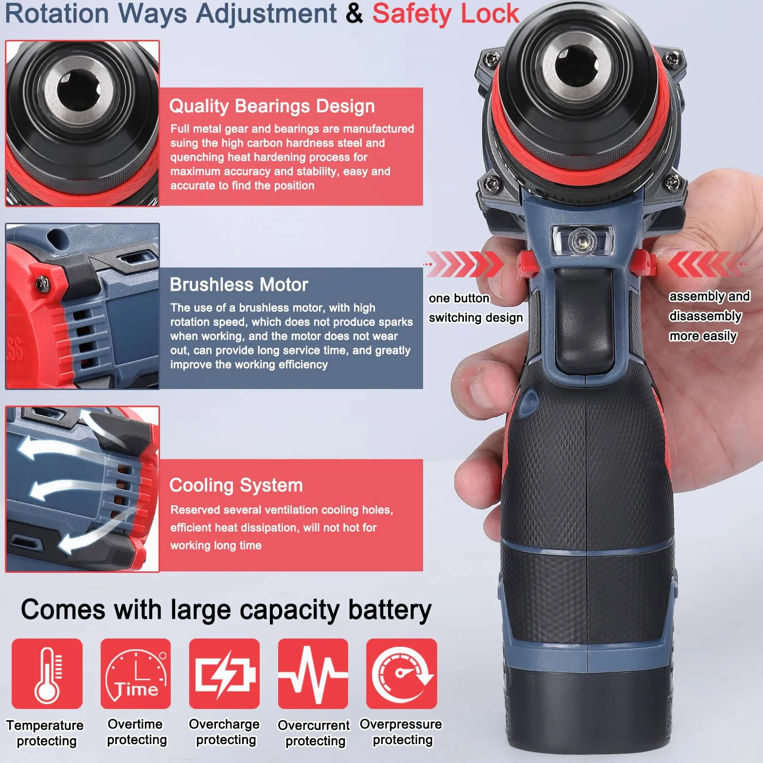 Trapano Avvitatore Batteria 21V, Weytoll 2 in 1Trapano avvitatore elettrico a batteria Motore brushless con coppia di 55 Nm