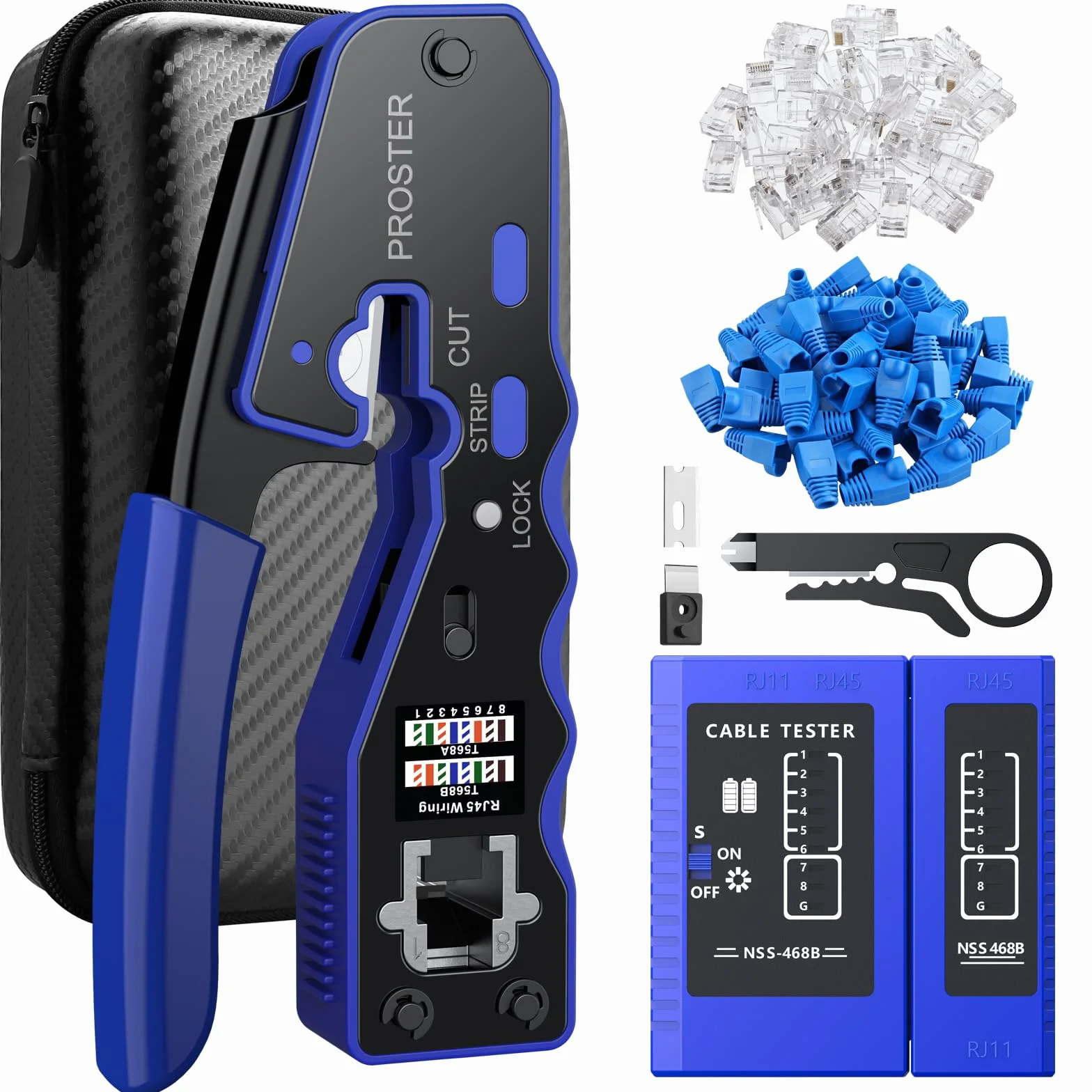 Proster Pinza Crimpatrice RJ45 Pass Through Multifunzione Spelafili per Cavo Rete Cat5 Cat5e Cat6 Cat6a Kit Strumento Crimpatura con 50pz Connettori Cat6 e Coperture di Protezione Tester Custodia