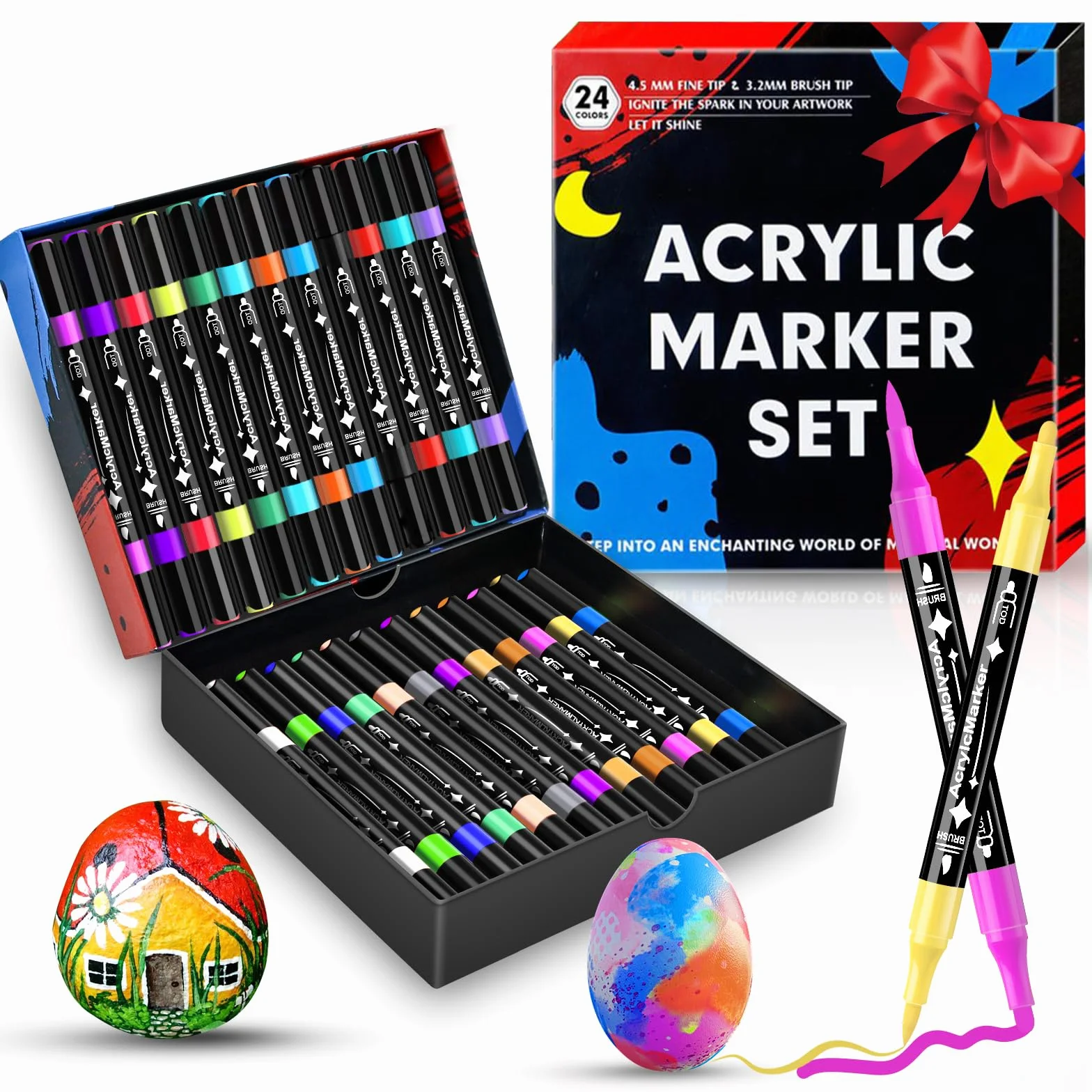 24 Colori Pennarelli Acrilici Doppia Punta,Set di Pennarelli a Punta fine e Media,Acrylic Marker Ad Acqua per Dipingere Sassi, Colorazione, Legno, Vetro, Tessuti, Pittura